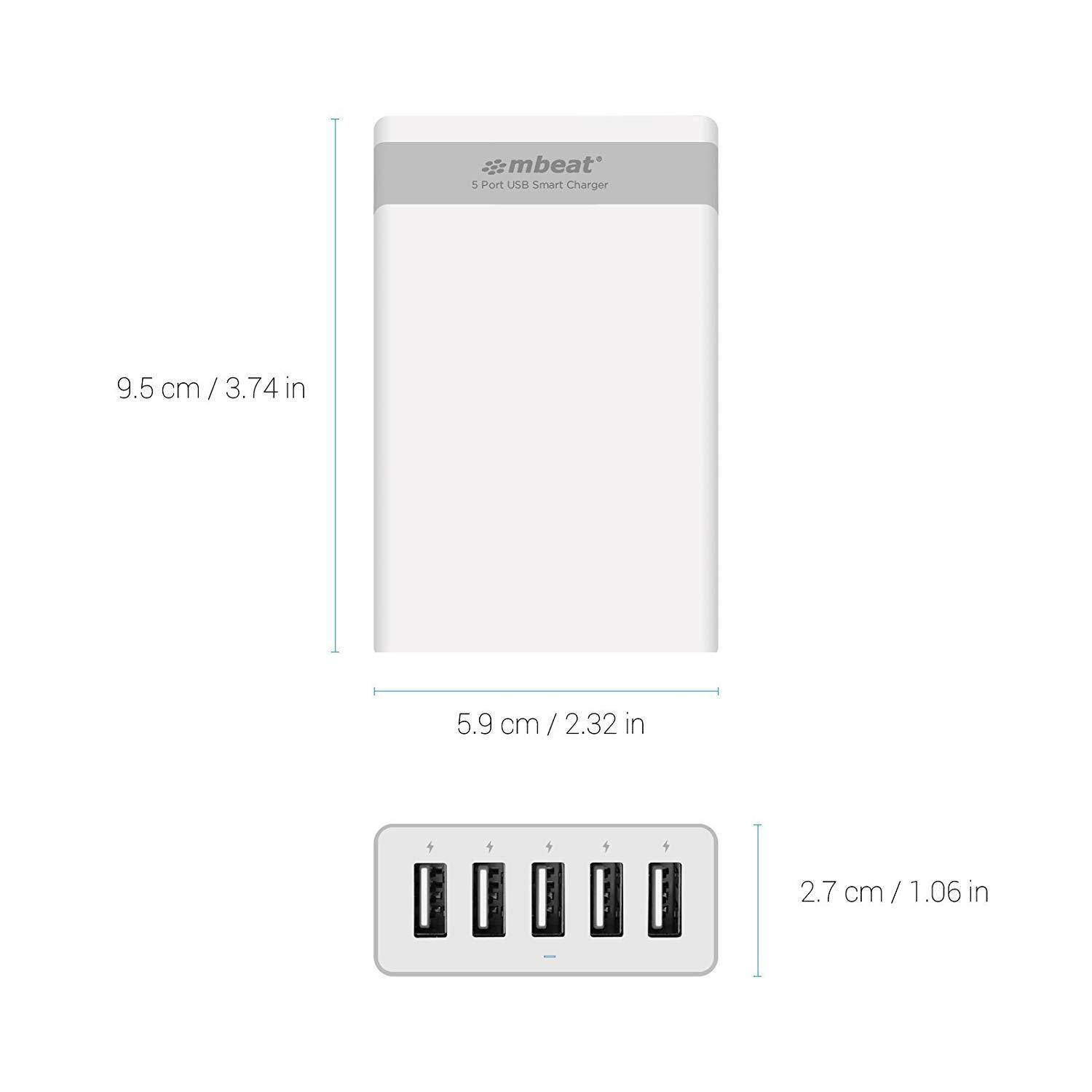 mbeat QUINTARY 40W 5-Port USB Charger with Smart charging function for iPhone, Android Phone and Tablets (White)