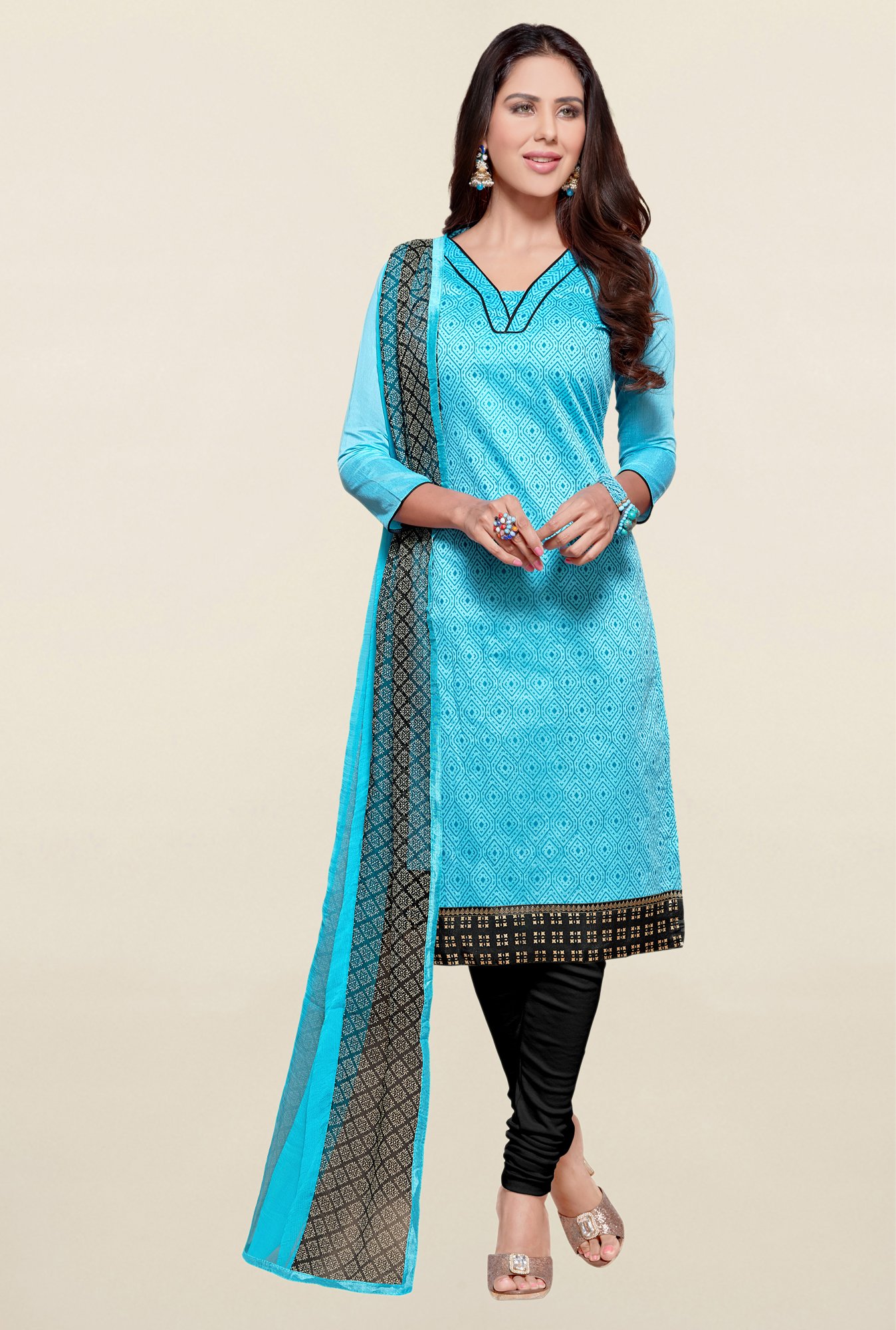 Saree Mall Sky Blue & Black Printed Cotton Dress Material