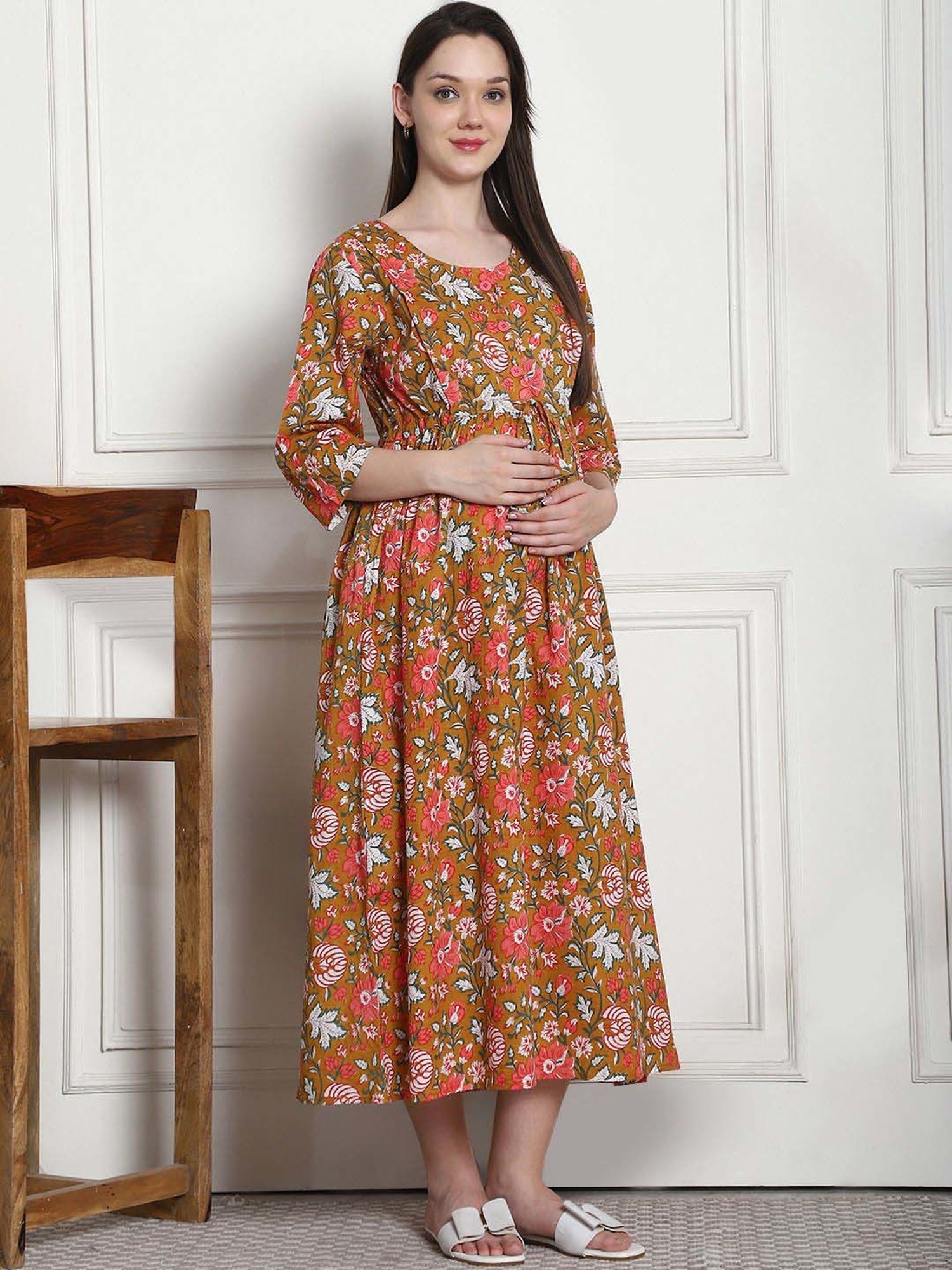 Secret Wish Brown Cotton Floral Straight Night Dress