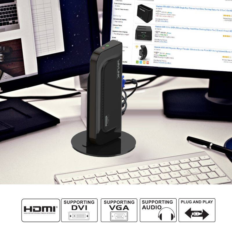 Wavlink USB 3.0 Universal Laptop Docking Station, Dual Video Display HDMI & DVI/VGA ,Port Replicator, Gigabit Ethernet, Audio, 6 USB Ports,  Laptop, Ultrabook, Macbook, Windows 10,8,7,XP,Mac,Android