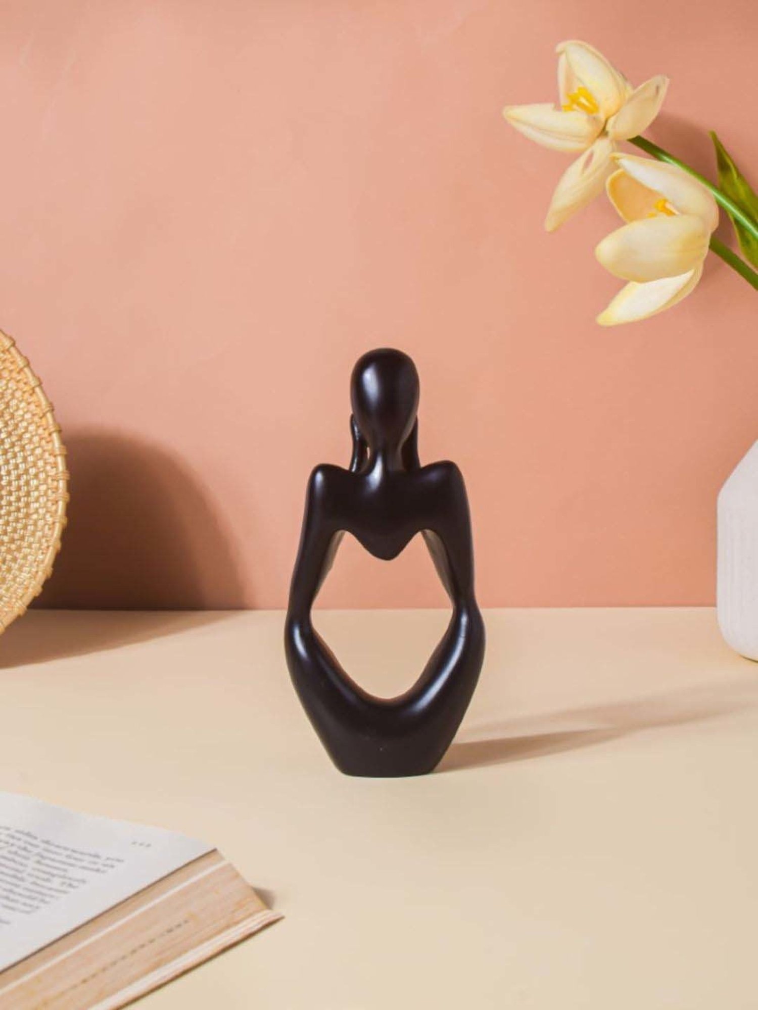 Nestasia Black Resin Smooth Finish both hand Thinking Human Sculptures for Decoration (5.1 Inch)