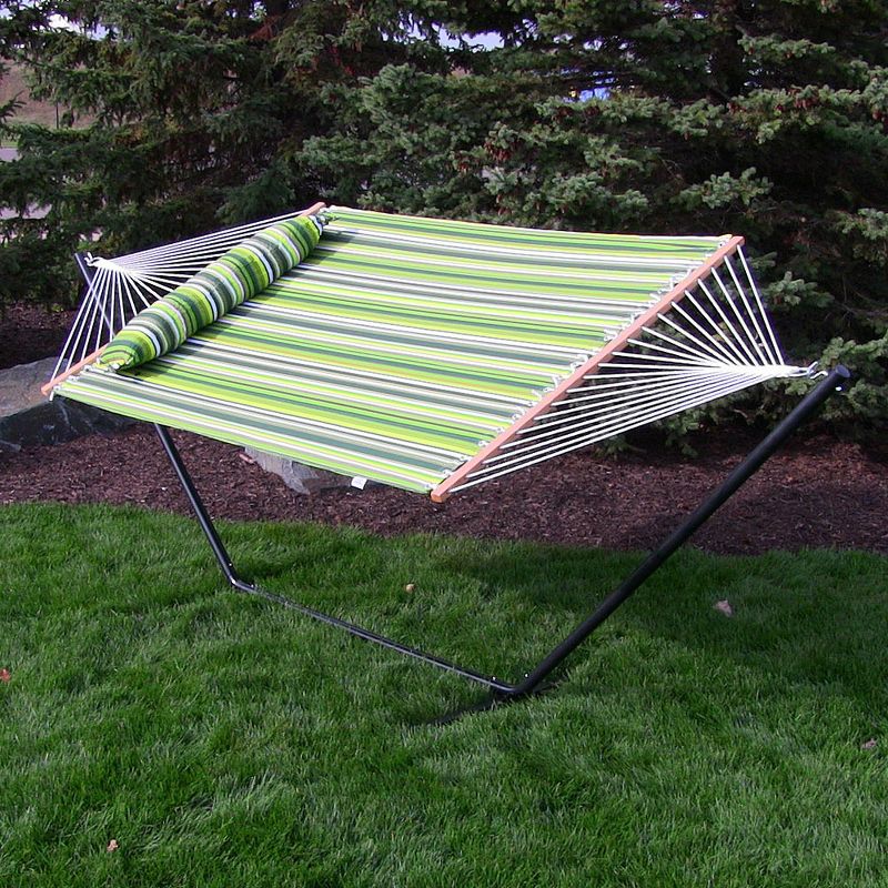 Sorbus Brazilian Double Hammock with Stand - Green, Blue Stripes