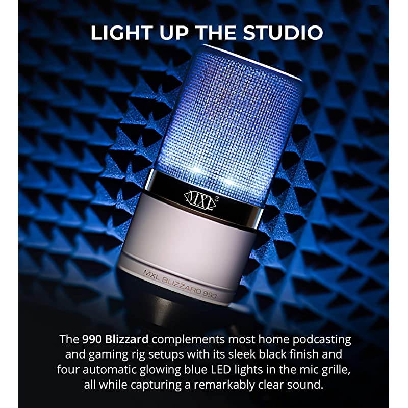 MXL 990 Blizzard Condenser Microphone with Blue LED Lights Bundle with  10-FT Balanced XLR Cable, Pop Filter Windscreen, and 5-Pack of Reusable Cable Ties