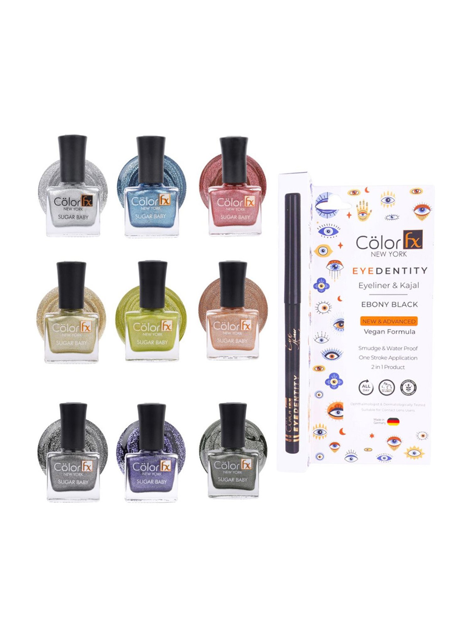 Color Fx Premium Non-Toxic Nail Polish & Kajal Non-Stop Navratri Combo Set of 10 - 90 gm