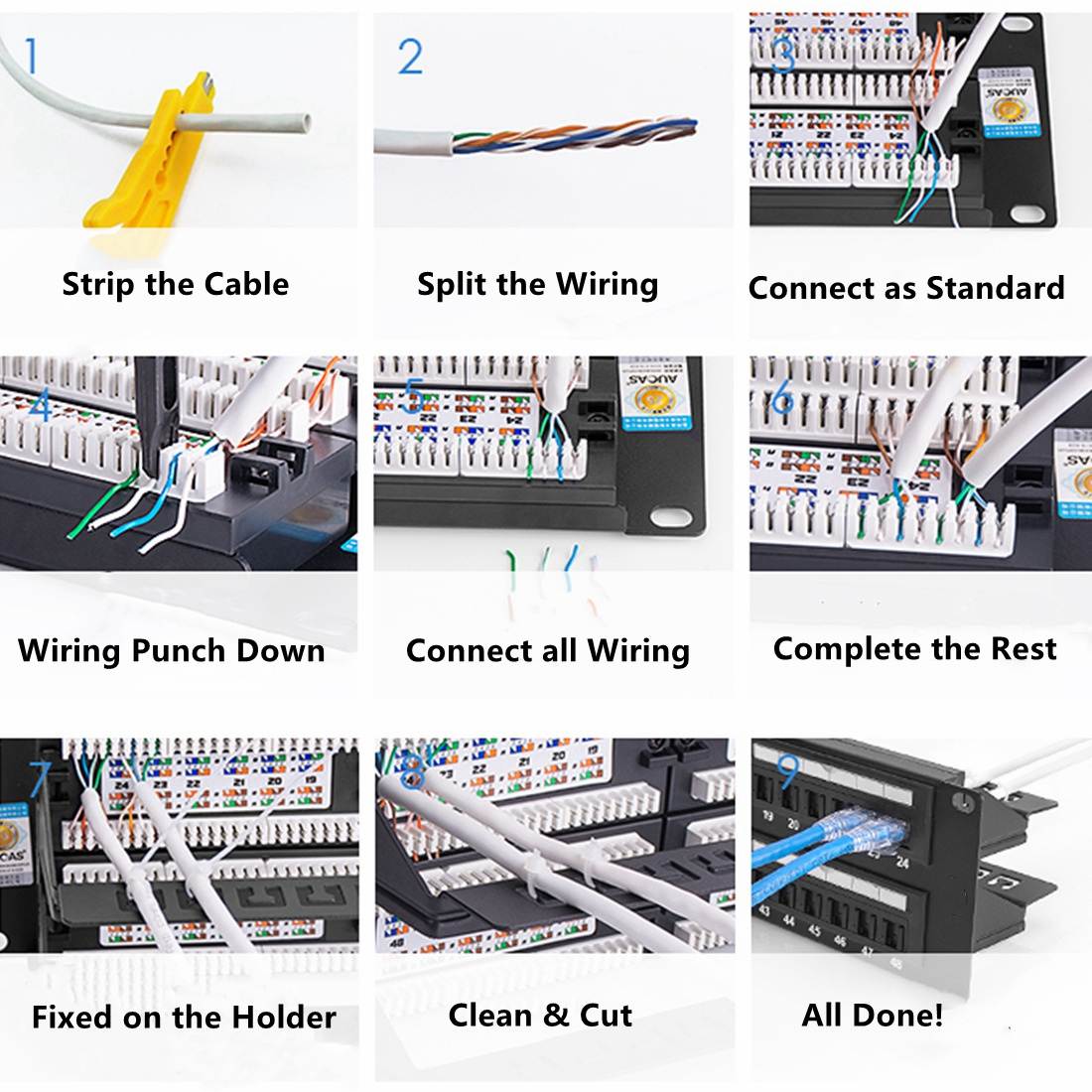 Yankok [Cat6 48 Port Patch Panel] Unshielded 19in.x2U Supports Cat5/5e Ethernet 568A/B Coded for RJ45 Network Rack/Wall Mount (Includes 1x Mini Cable Stripper Cutter, 4x Cable Ties, 4x Mount Screws)