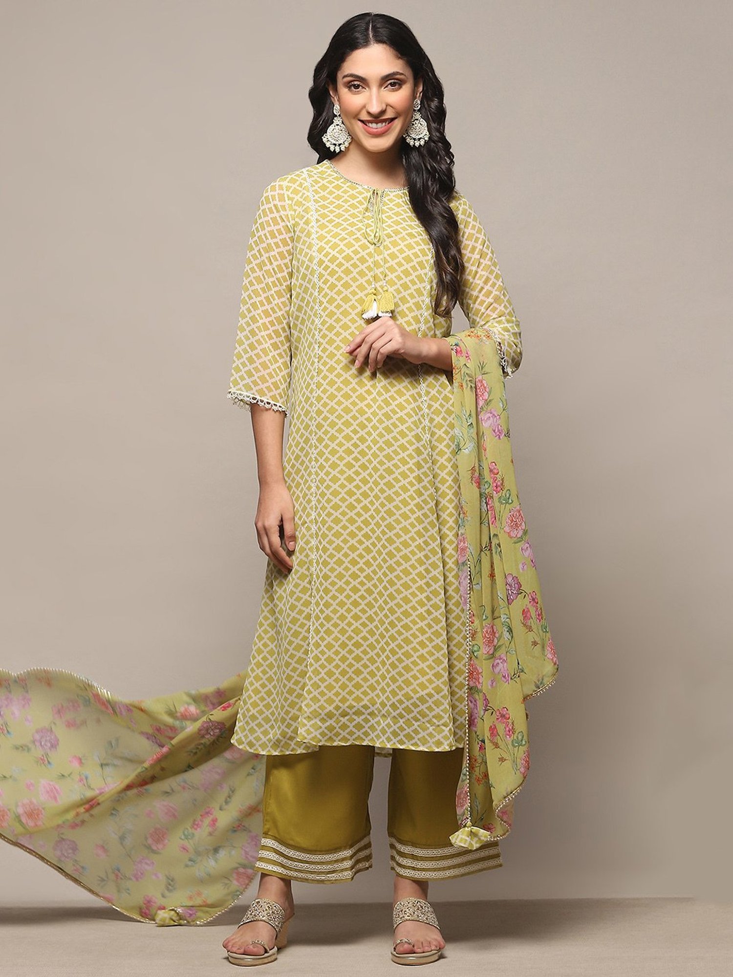 Biba Light Green Printed Kurta With Palazzo & Dupatta