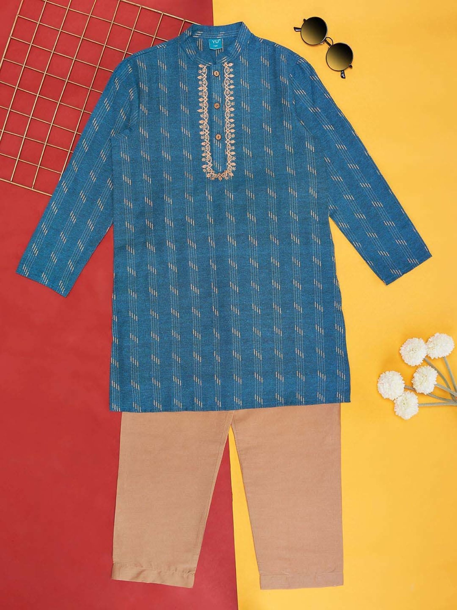 YU by Pantaloons Kids Teal Blue & Brown Cotton Embroidered Full Sleeves Kurta Set