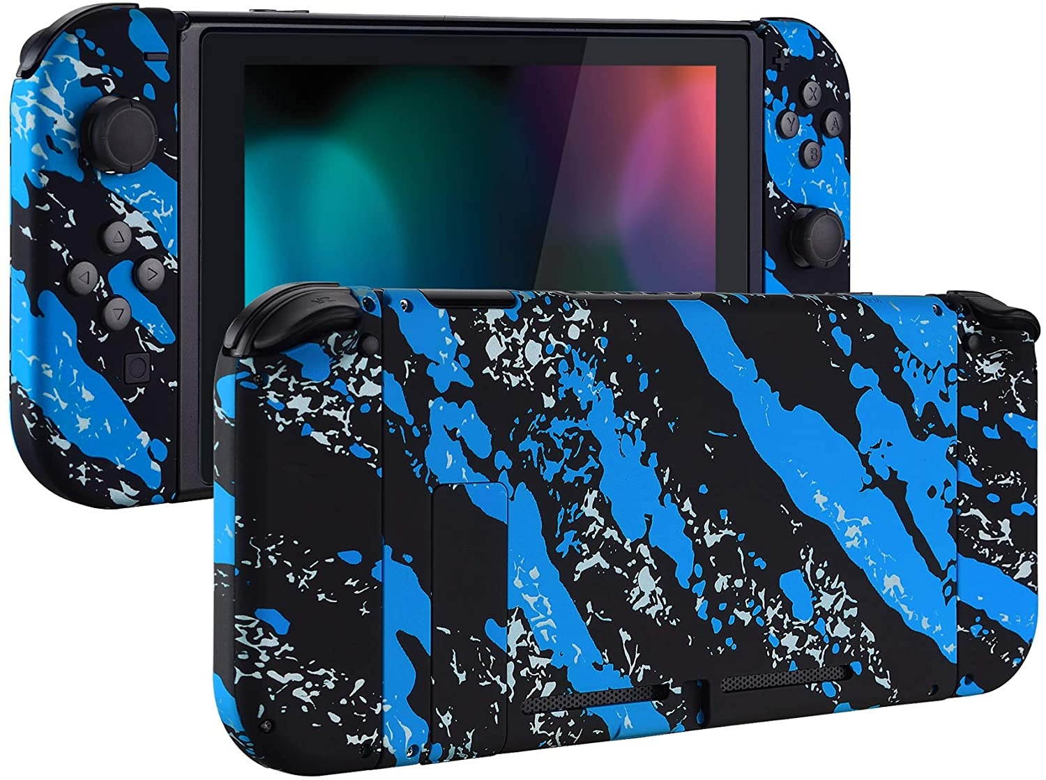 eXtremeRate Soft Touch Grip Back Plate for Nintendo Switch Console, NS Joycon Handheld Controller Housing with Full Set Buttons, DIY Replacement Shell for Nintendo Switch - Blue Coating Splash