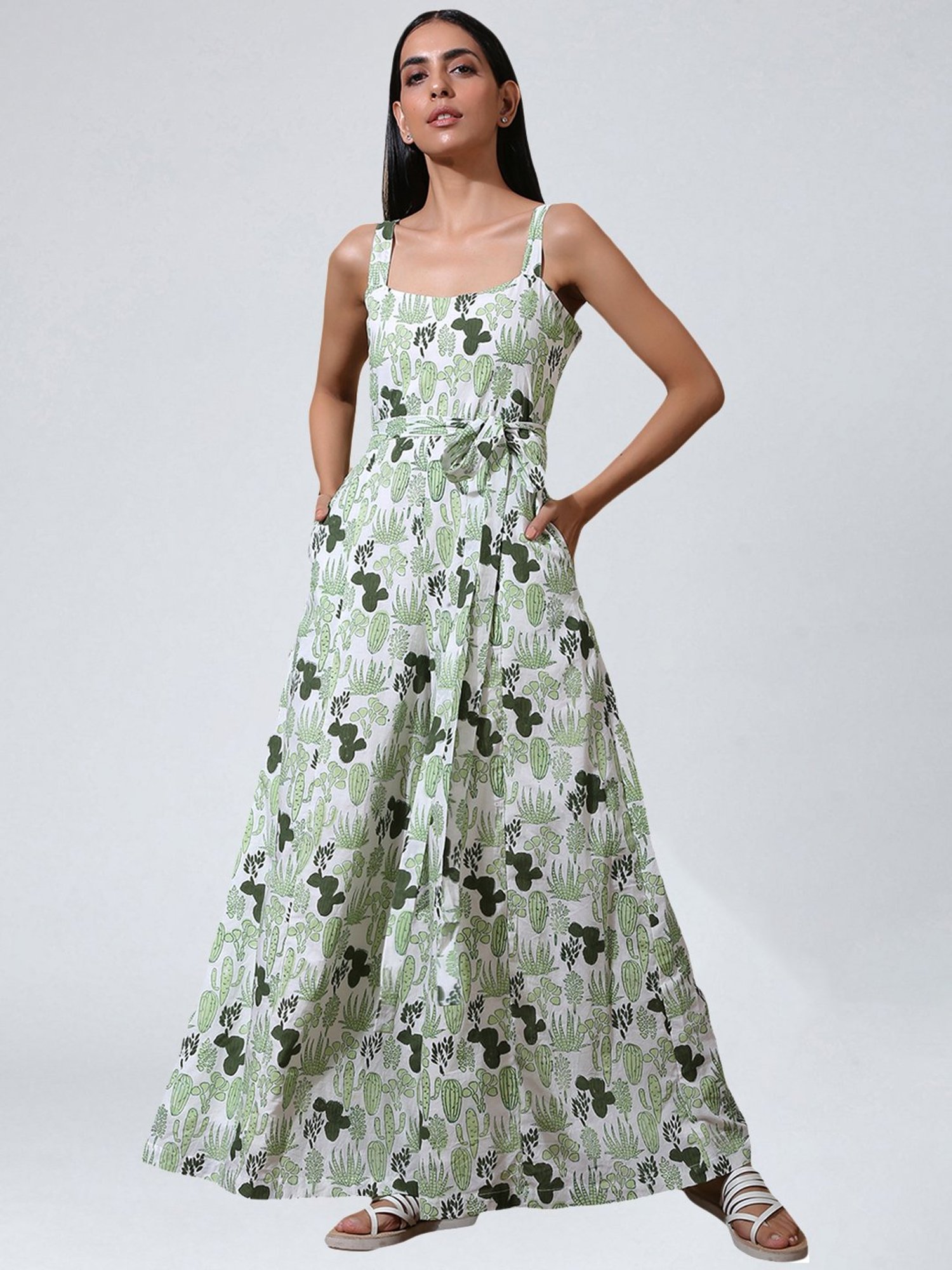 Okhai Succulent White & Olive Green Pure Cotton Printed Jumpsuit