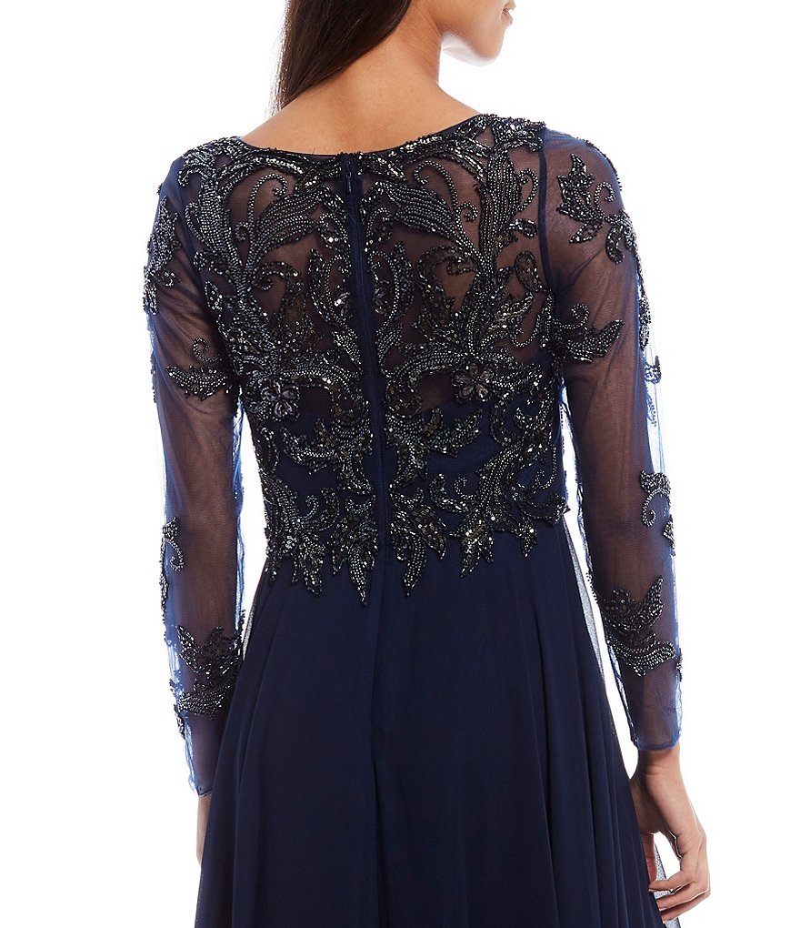 Xscape Jewel Neck Long Sleeve Beaded Bodice Chiffon Gown