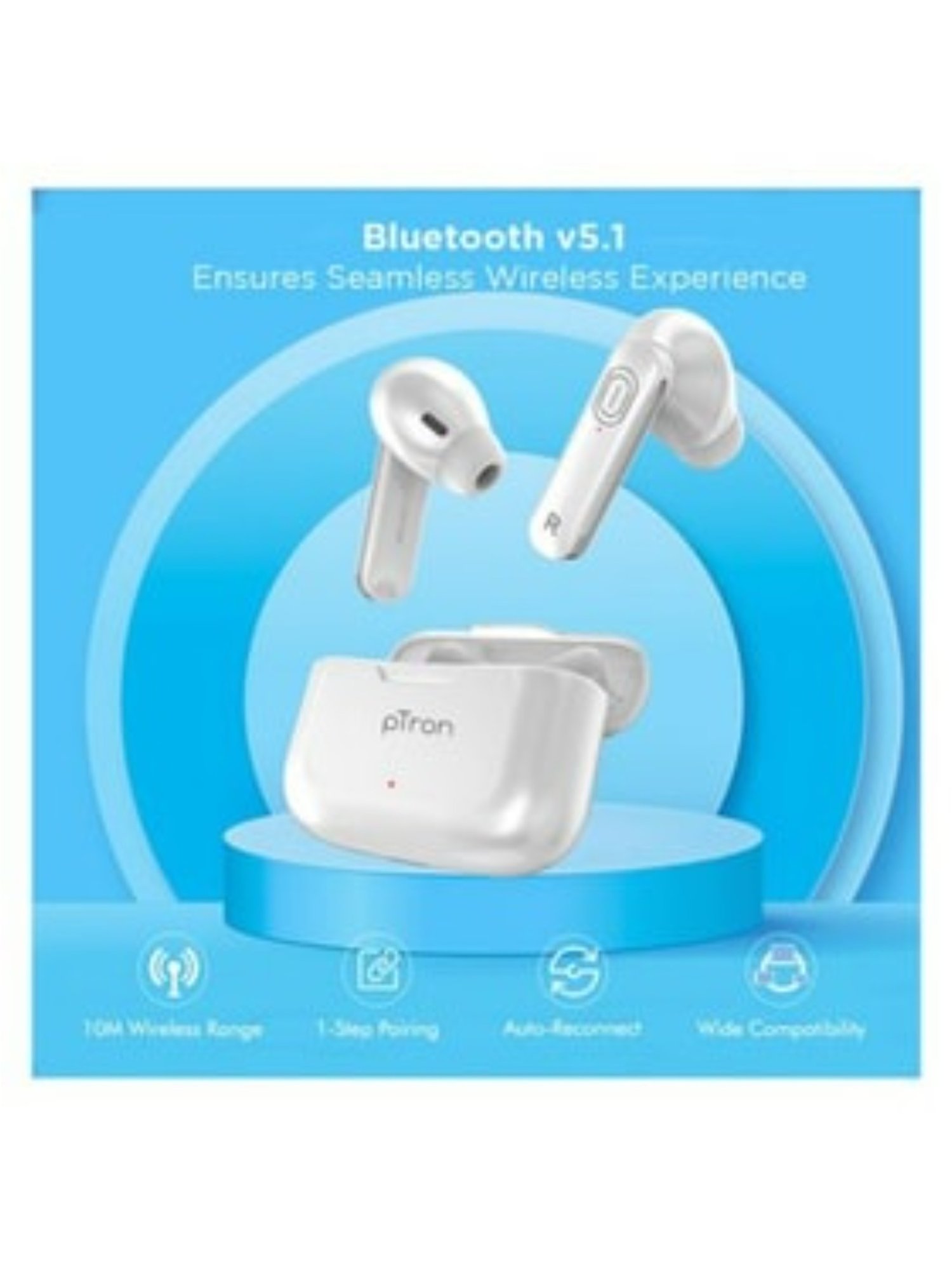 PTron Bassbuds Duo Bluetooth 5.1 Wireless Earbuds Stereo Audio Touch Control (White)