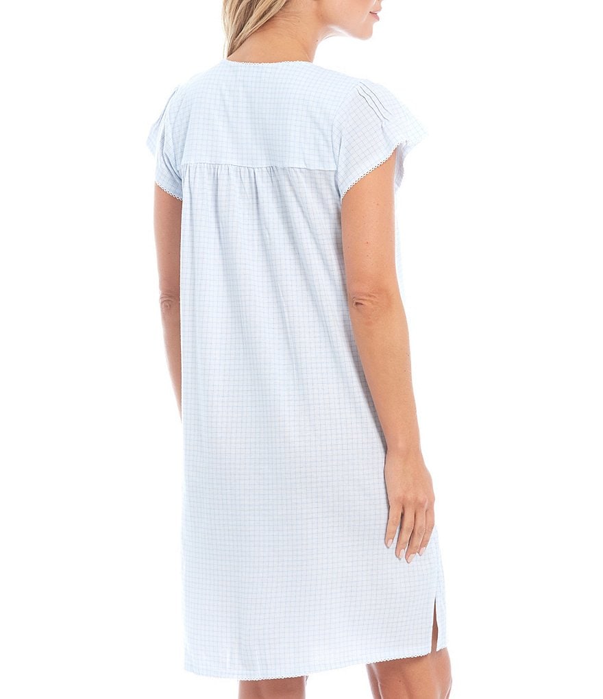 Miss Elaine Silky Knit Square Neck Short Sleeve Checked Print Short Nightgown
