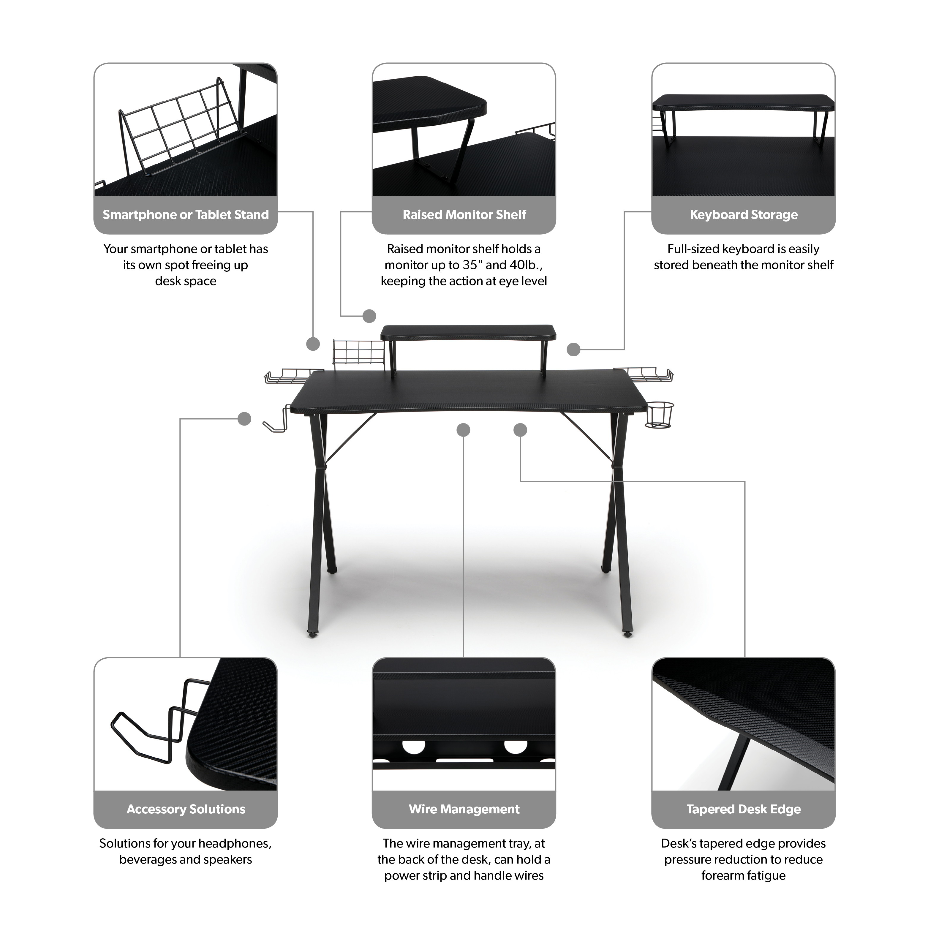 55" Gaming Computer Desk, 35" Monitor Shelf, X-Base, in Black/Black