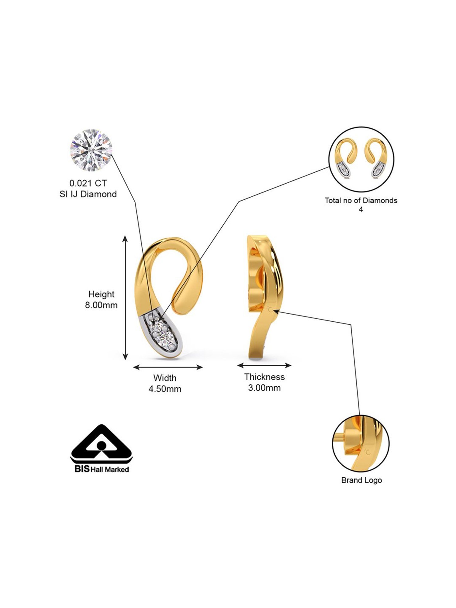 Candere by Kalyan Jewellers Stylish 18K Yellow Gold and Diamond Stud Earrings