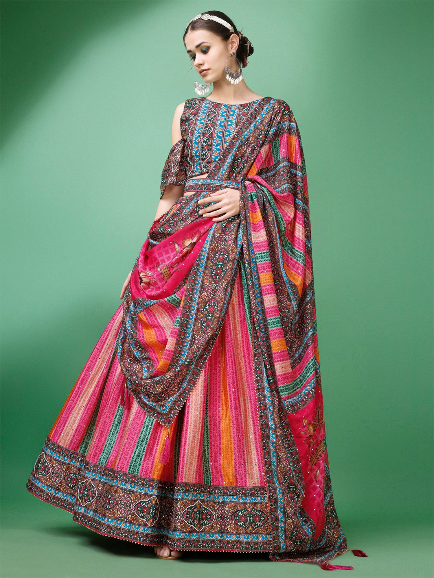 PURVAJA Pink Printed Semi Stitched Lehenga & Unstitched Blouse With Dupatta