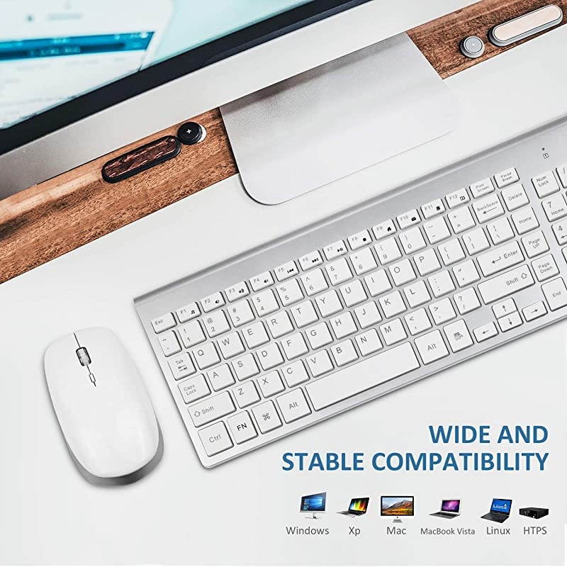 Wireless Keyboard and Mouse Combo  USB Slim 24G Wireless Keyboard Mouse FullSize Ergonomic Compact with Number Pad for Laptop PC Computer Silver White