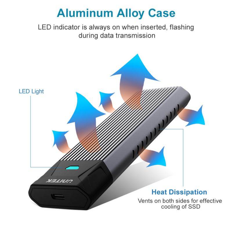 Unitek M.2 NVMe SSD Enclosure, Tool-Free Portable Aluminum USB3.1 Gen2 (10Gbps) Type-C to NVME PCI-E M-Key Hard Drive External Enclosure Support UASP Compatible for M.2 NVMe SSD M-Key 2242/2260/2280