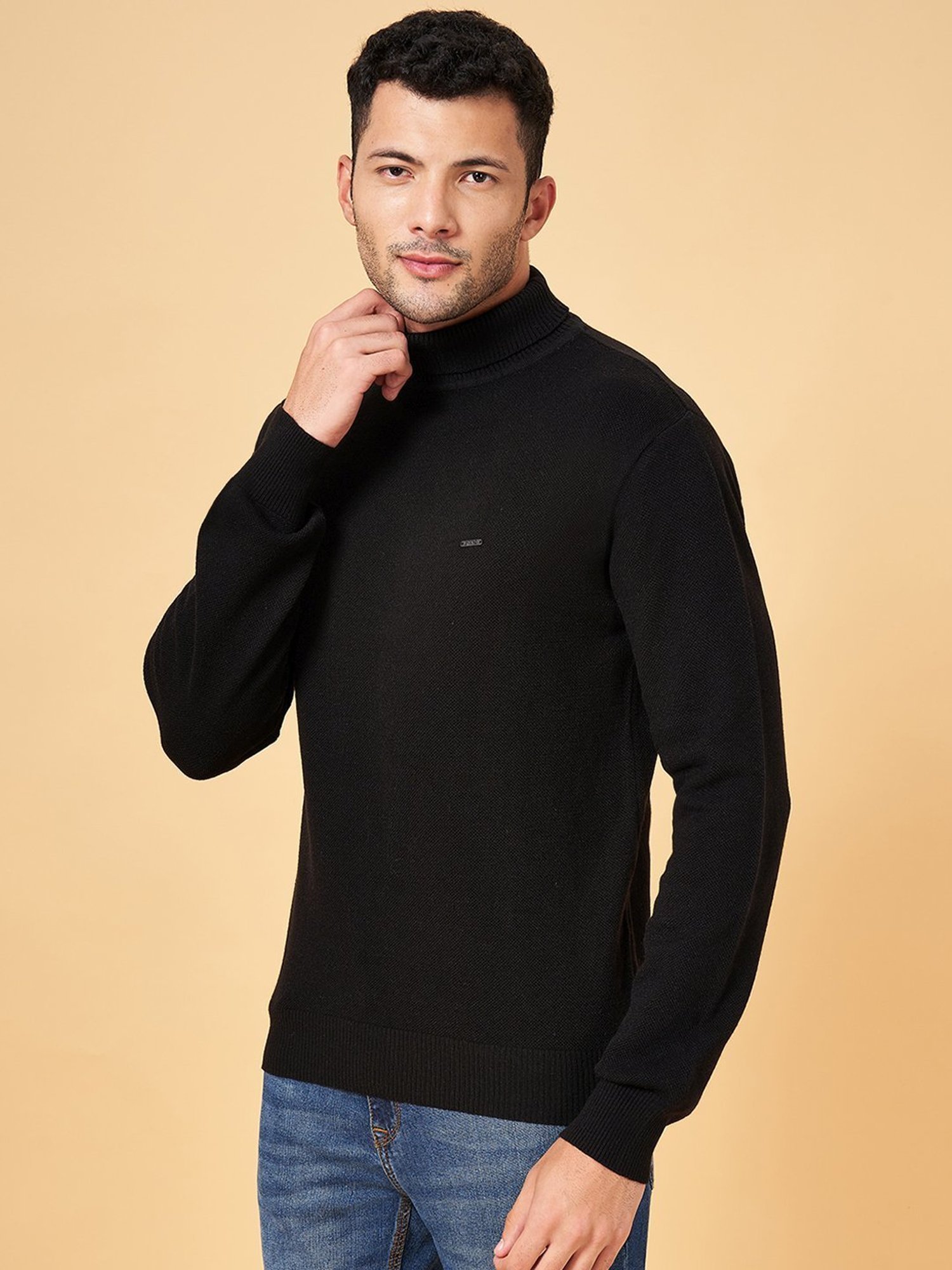 Byford by Pantaloons Black Slim Fit Self Pattern Sweater