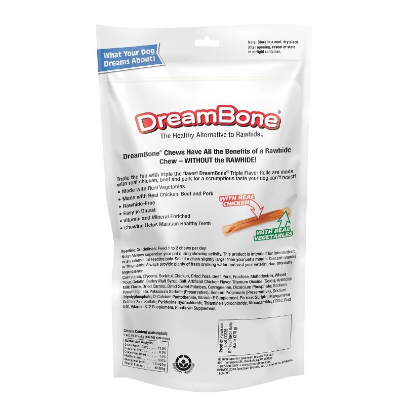Dreambone Triple Flavor Rolls Chews Dog Treats - 6ct