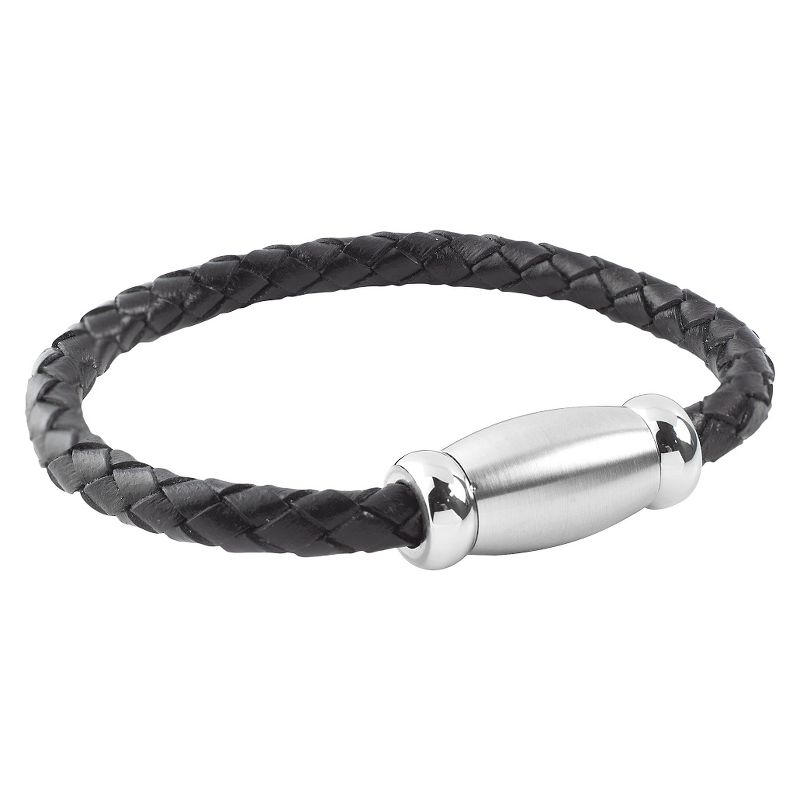 Men's West Coast Jewelry Stainless Steel Brushed Finish Black Braided Leather Bracelet