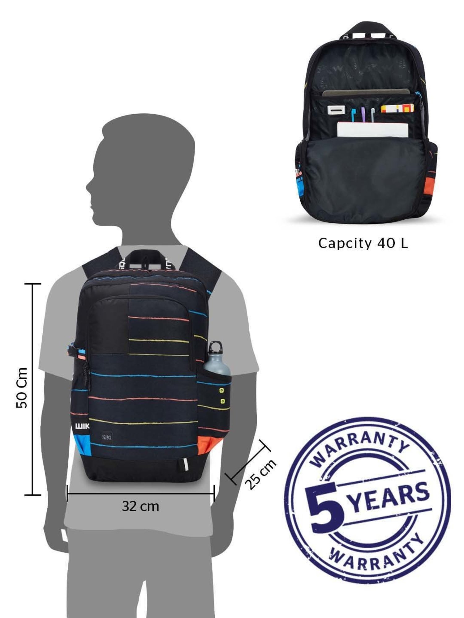 Wiki 40 Ltrs Black Medium Backpack