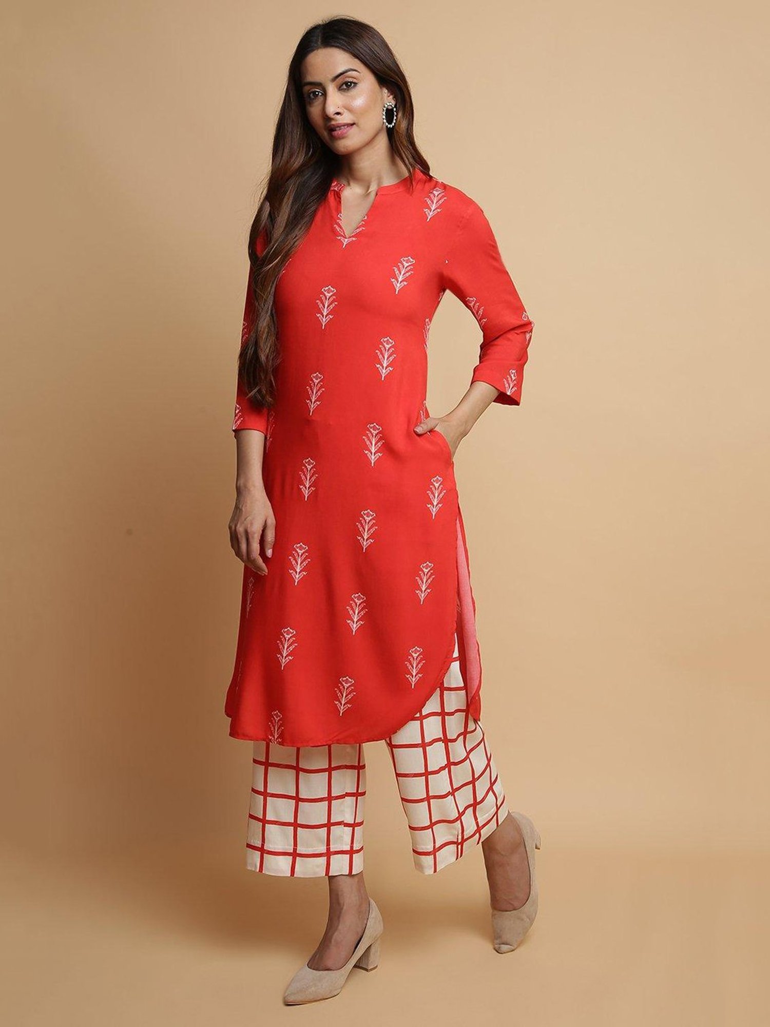 Biba Red & Cream Printed Kurta & Palazzo Set