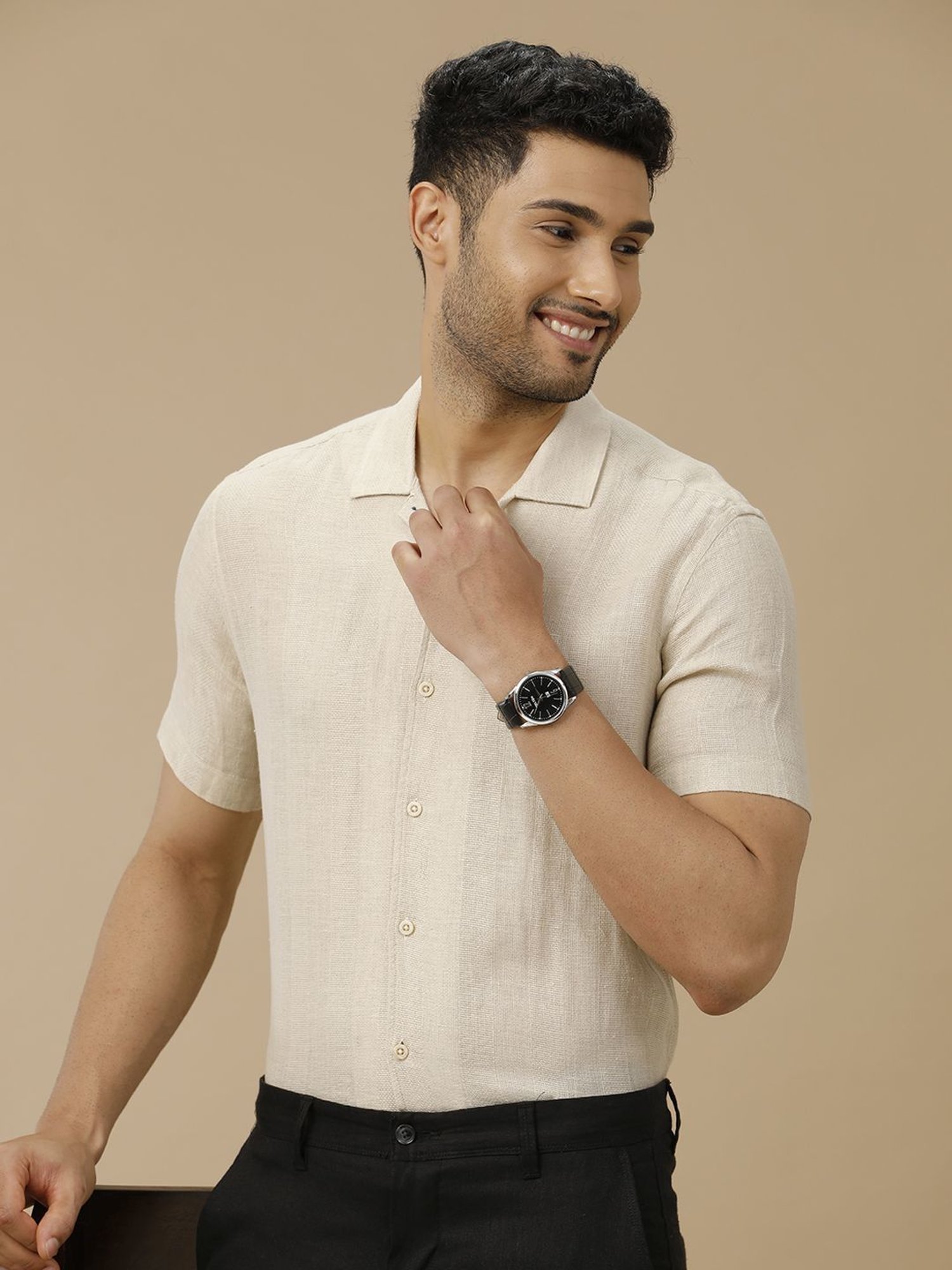 Linen Club Beige Linen Contemporary Fit Texture Shirt