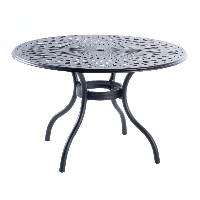 5pc Westbury Cast Aluminum Dining Set with Umbrella Hole Round Table & 4 Stackable Arm Chairs - Alfresco Home