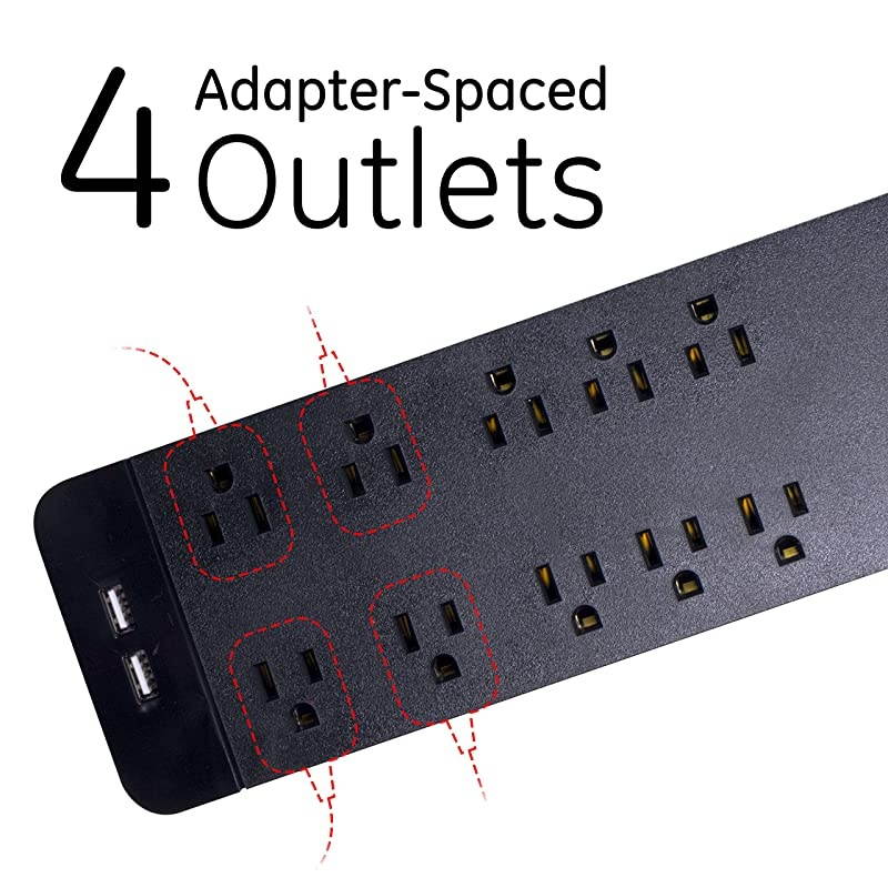 Black Strip Sur Protector Charr 10 Outlets 2 USB Ports Fast Char Flat Plug Long Power Cord 4 Feet Wall Mount Warranty 37746 4 ft