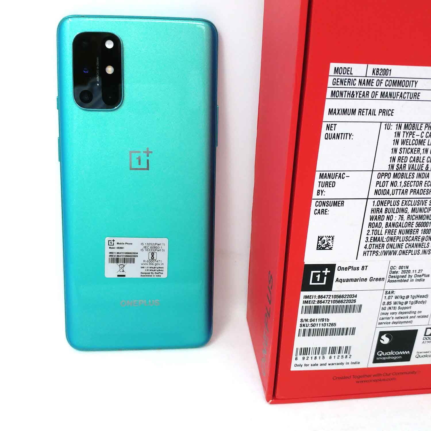 OB OnePlus 8T 5G 128GB Dual SIM KB2001 GSM Factory Unlocked 6.55 in Fluid AMOLED Display 8GB RAM Quad Camera Smartphone - Aquamarine Green