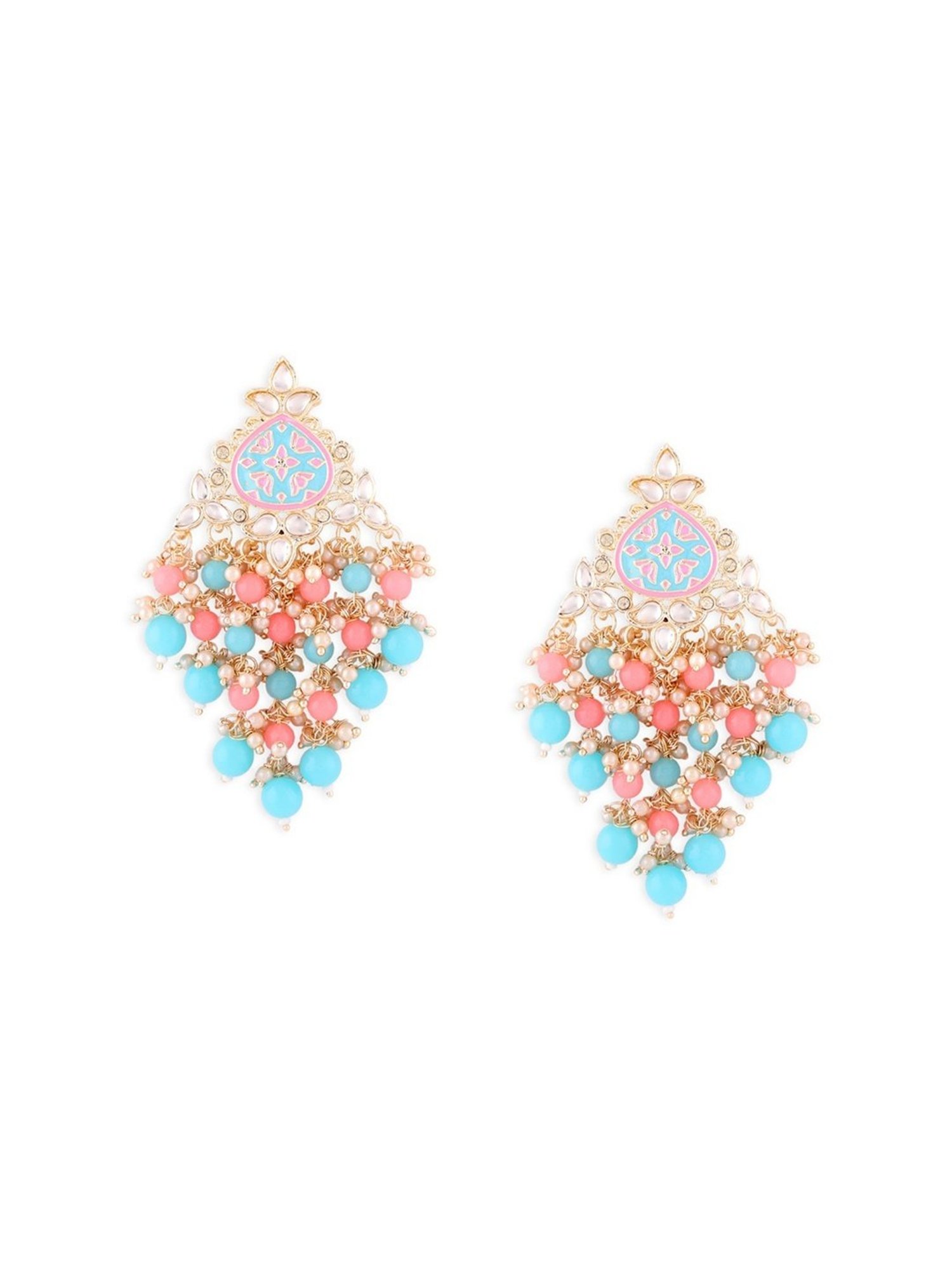 Zaveri Pearls Pink & Turquoise Meenakari Cascading Waterfall Beads Drop Earring-ZPFK14845