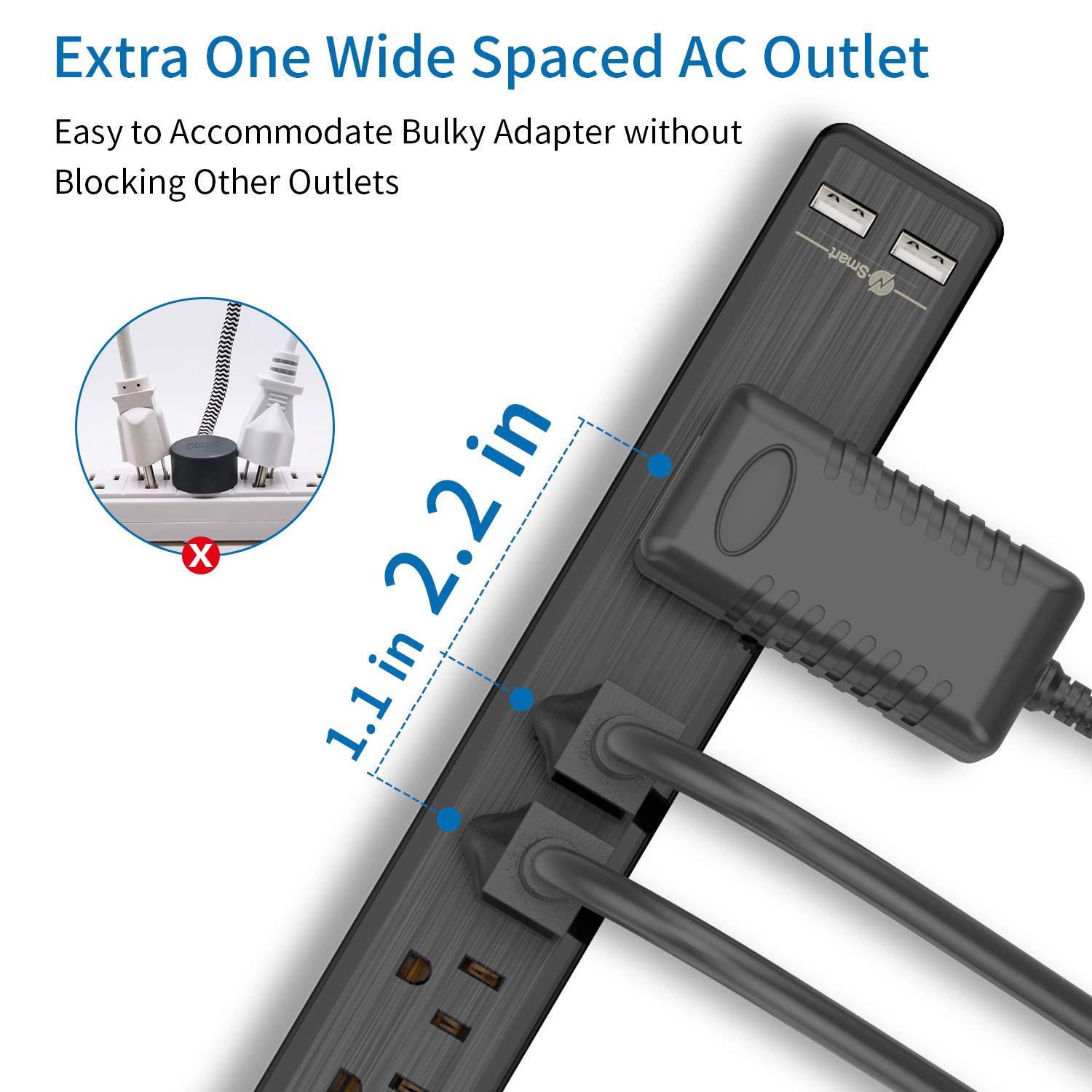 6 Outlets Surge Protector Power Strip with 2 USB Ports, 1875W Flat Plug Power Strip, 5ft Heavy-Duty Extension Cord, Widely Spaced Outlet, Wall Mount for Office Home Theater Workshop, Black, 500 J