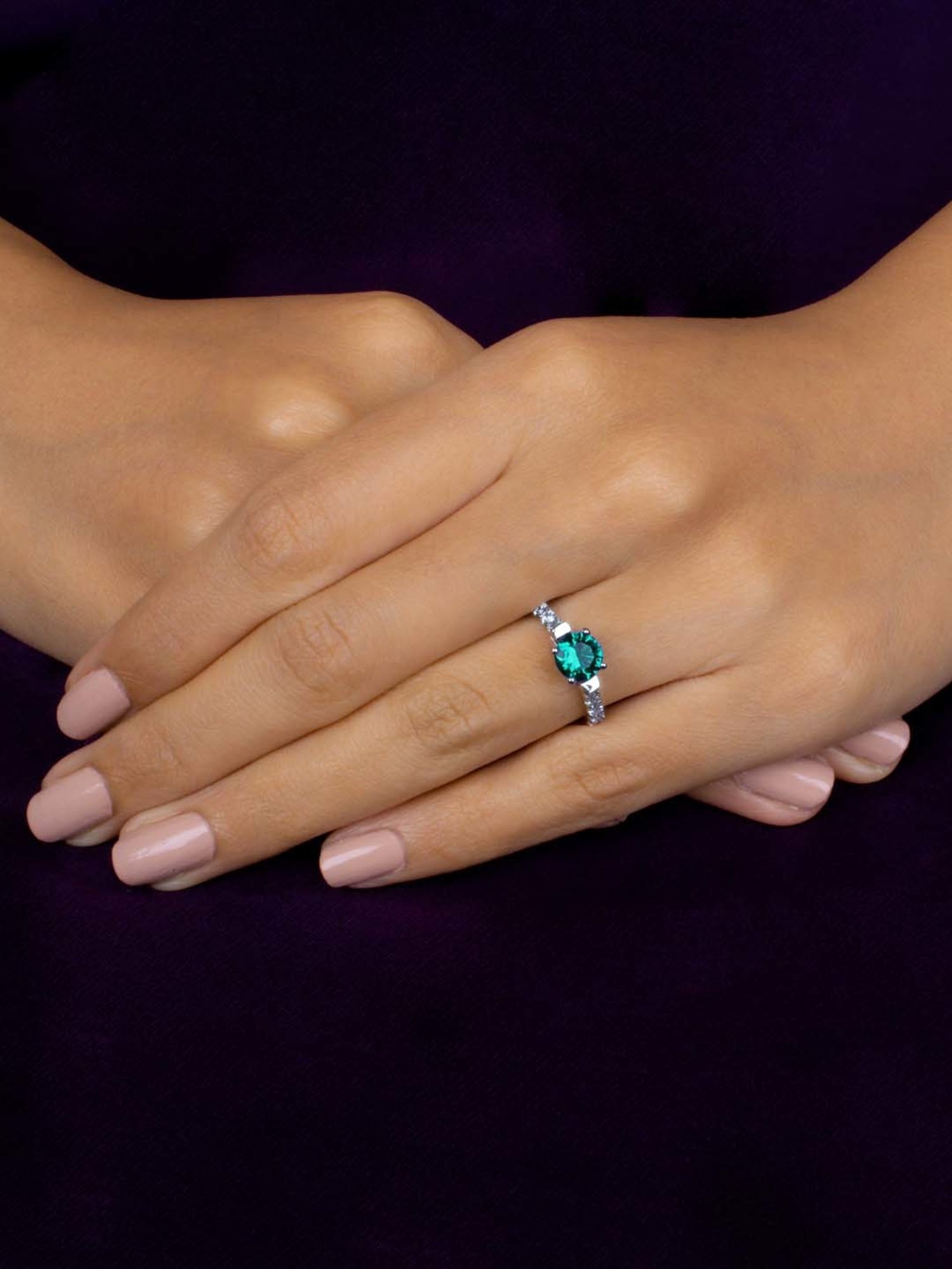 925 Silver Green Emerald and American Diamond Solitaire Ring for Women & Girls