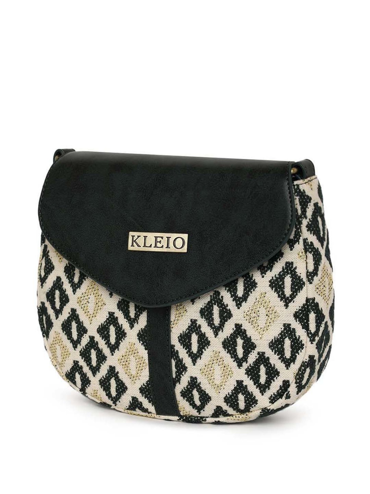 KLEIO Black & Golden Textured Medium Sling Handbag