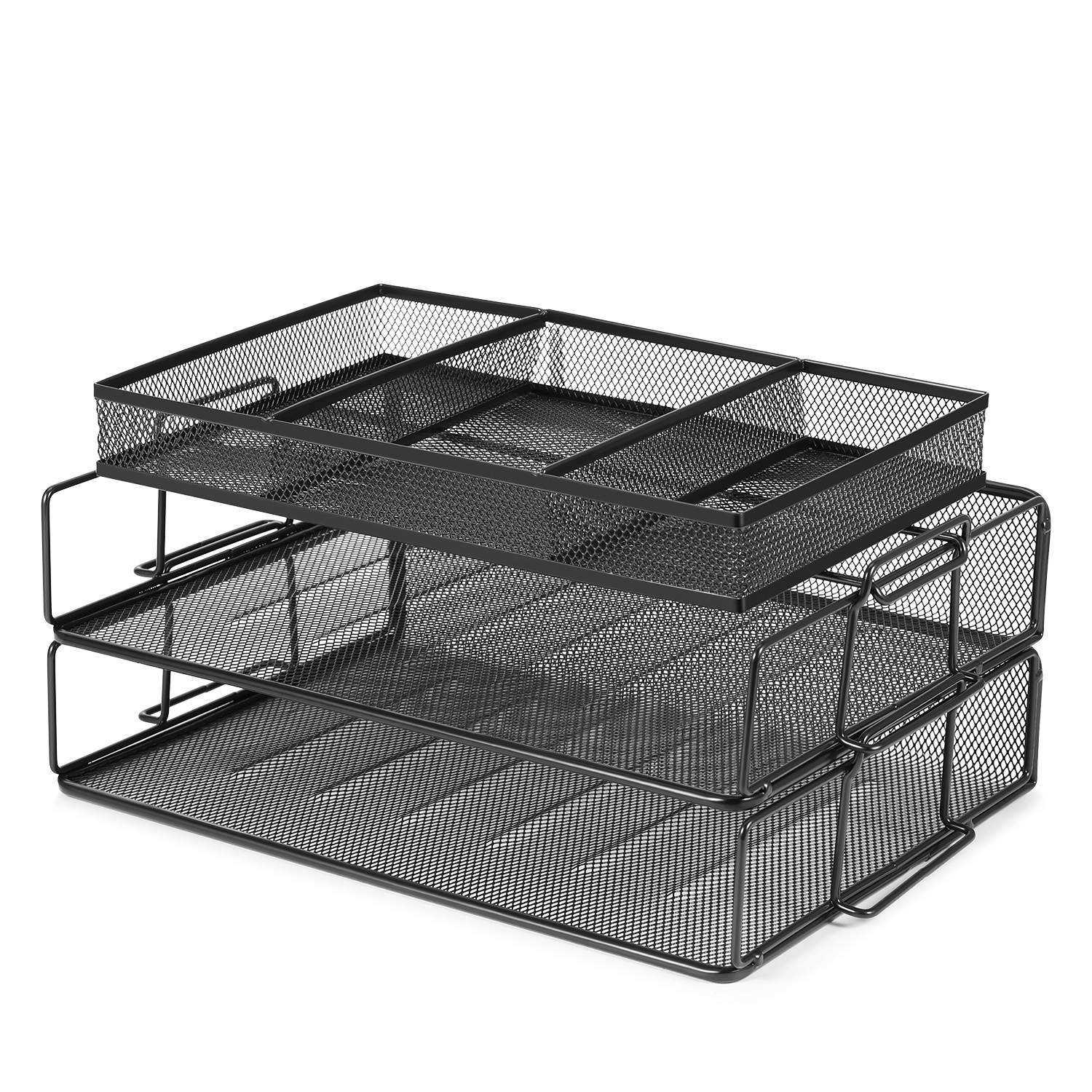 Desk Organizer Stackable Letter File Document Paper Tray - 2 Tier Mesh Metal Holder Storage Shelf Sorter for Office and Home (Black)