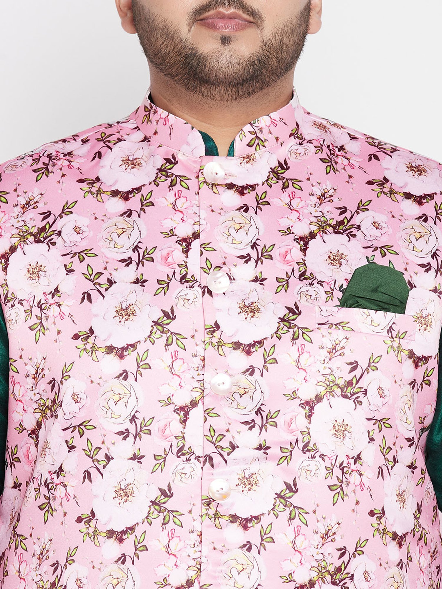 Vastramay Green And Pink Silk Blend Jacket Kurta Pyjama Set