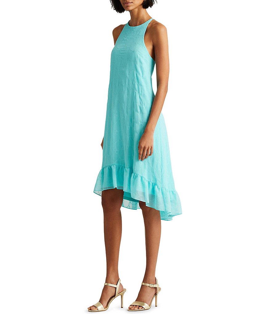 Lauren Ralph Lauren Halter Hi-Low Lined Back Pleat Swing Dress