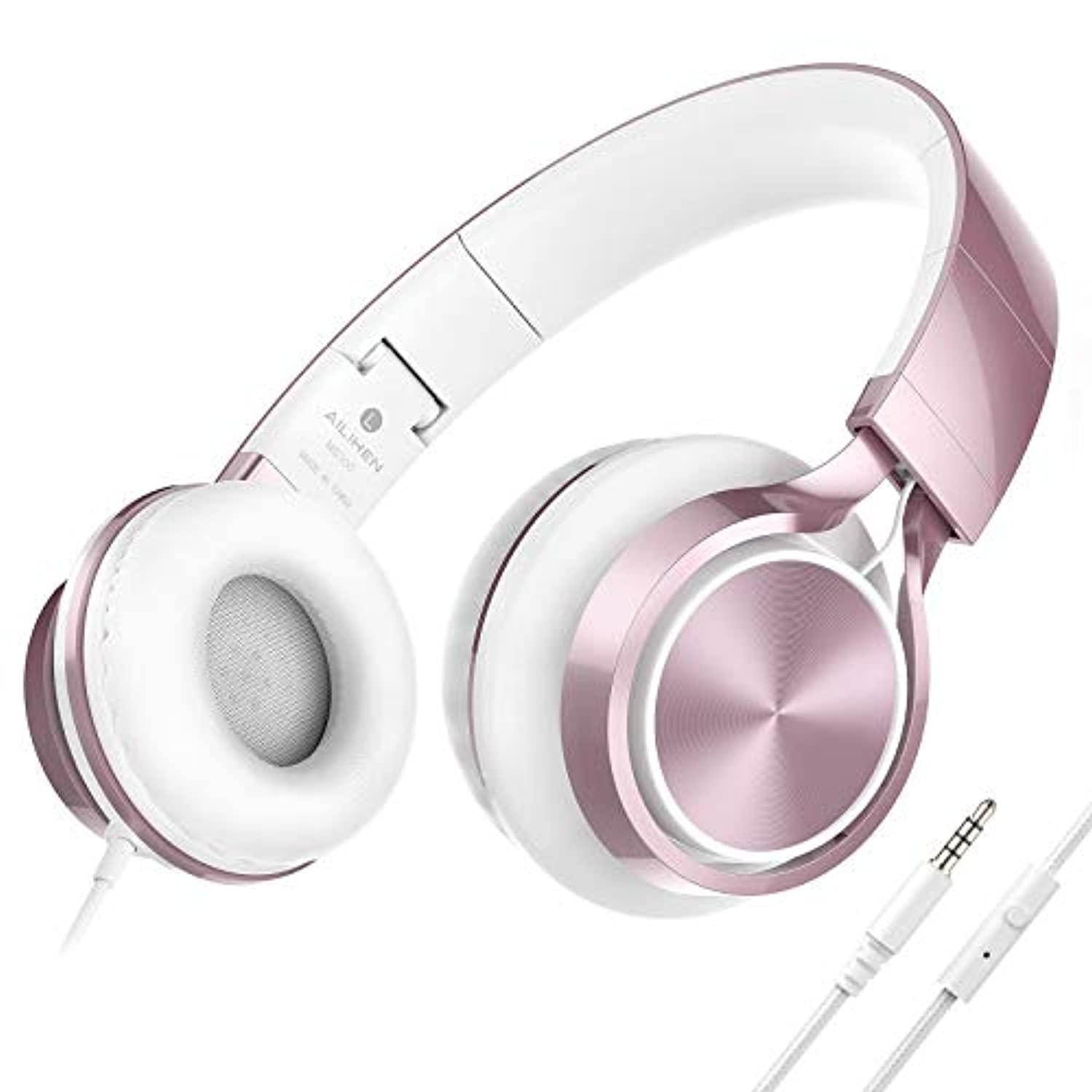 AILIHEN MS300 Headphones, Stereo Foldable Wired Headset for iPhone iPad iPod Android Cell Phones Laptop Tablet PC Computer (Rose Gold)