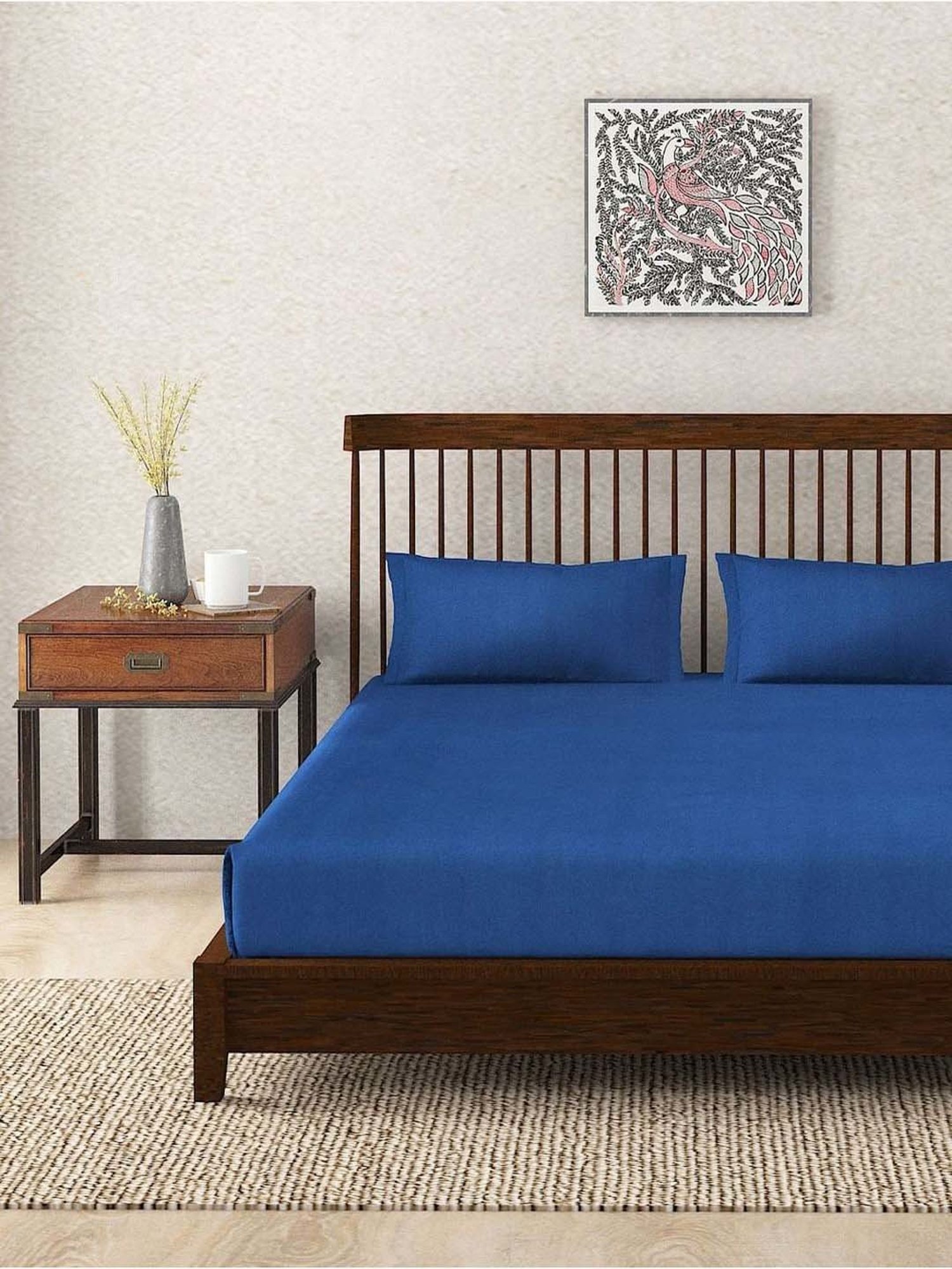 Fabindia Navy Cotton 180 TC Double Bed Sheet With Pillow Covers