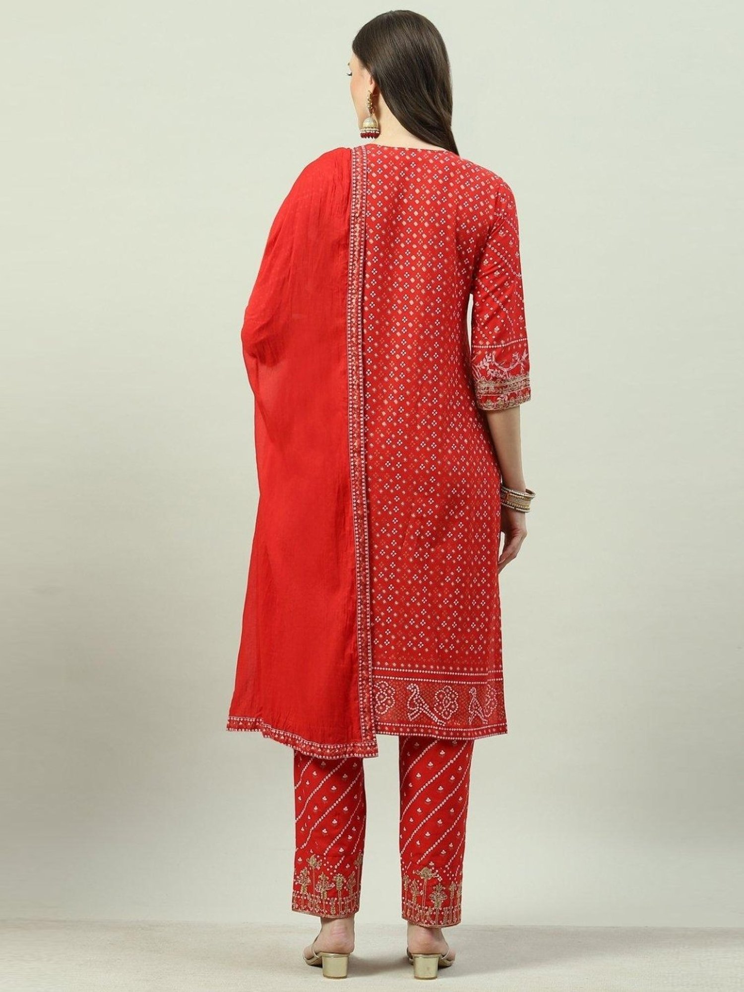 Biba Red Cotton Zari Work Kurta Pant Set With Dupatta