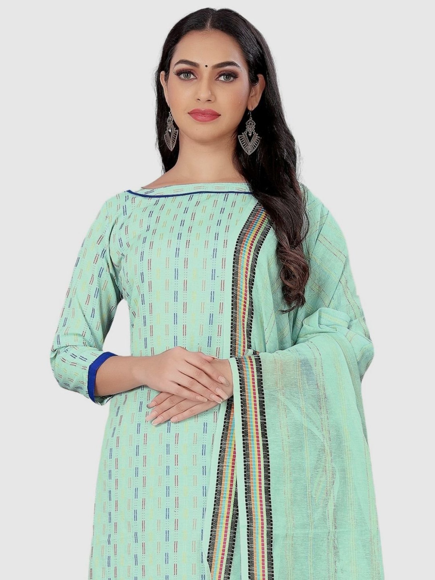 APNISHA Green & Blue Cotton Striped Unstitched Dress Material