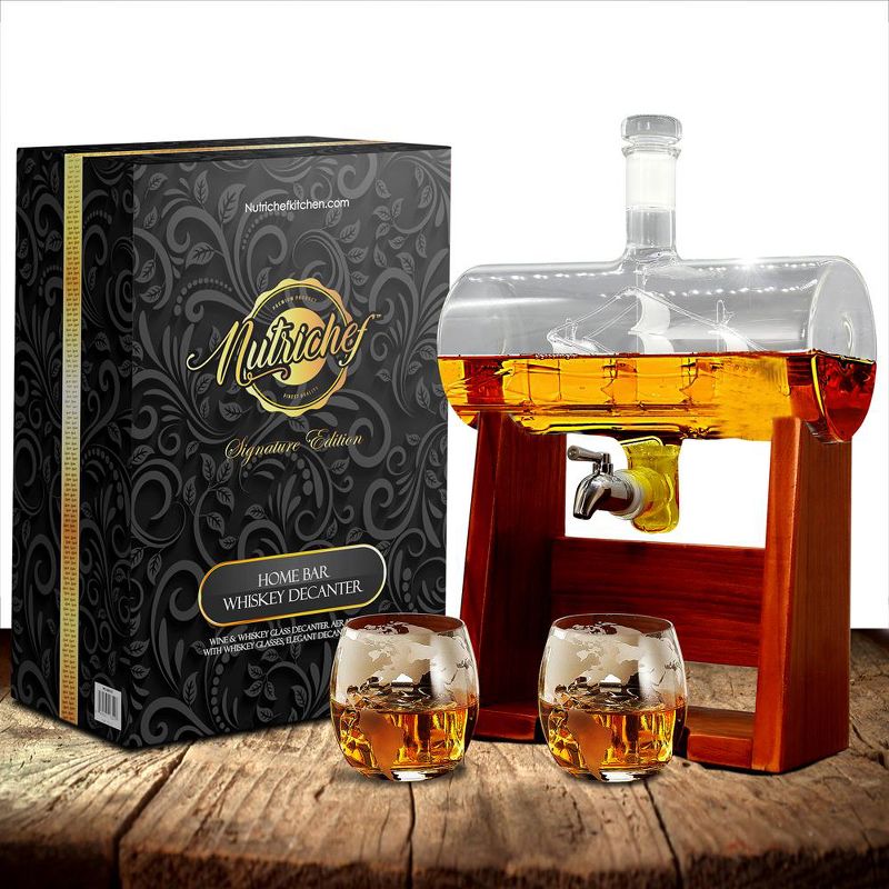 NutriChef NCGDS08 Home Bar 1100ml Glass Barrel Whiskey and Wine Carafe Alcohol Decanter Set with Spigot, Stopper and Glasses