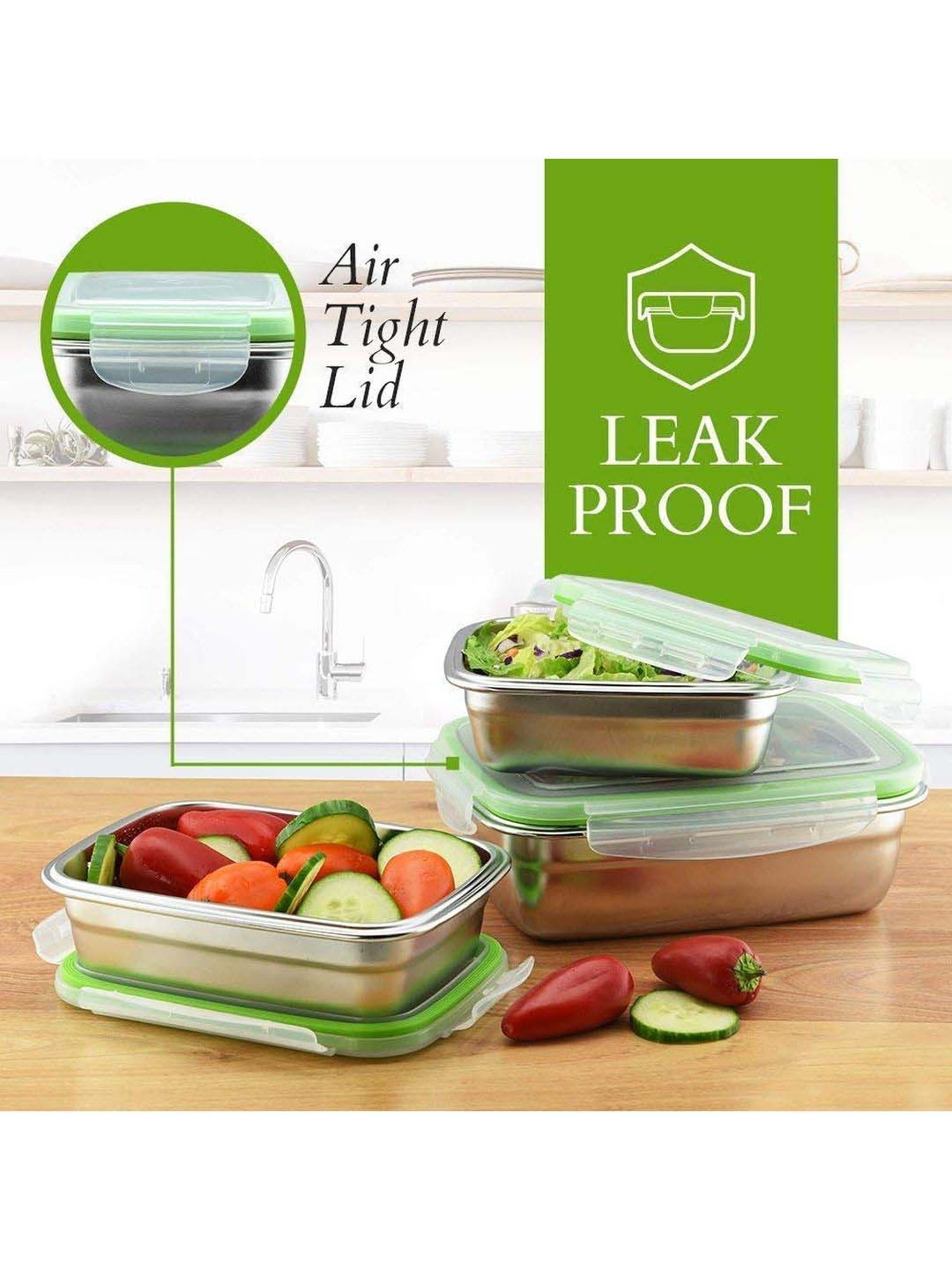 Femora High Steel Rectangular Lunch Box with Air Tight Lid (550 ml & 850 ml) - Set of 2