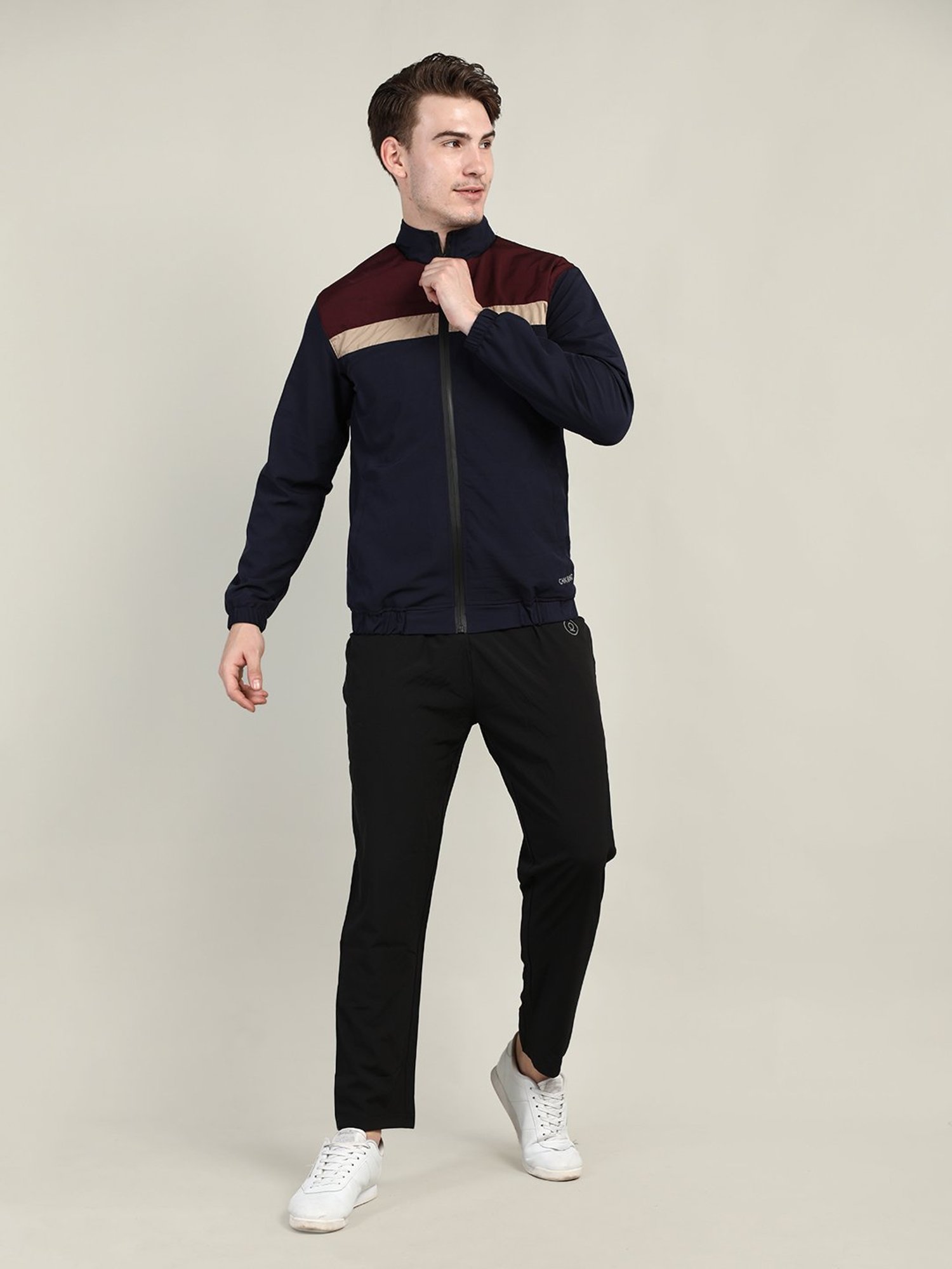 Chkokko Wine & Navy Regular Fit High Neck Wind Cheater Jacket