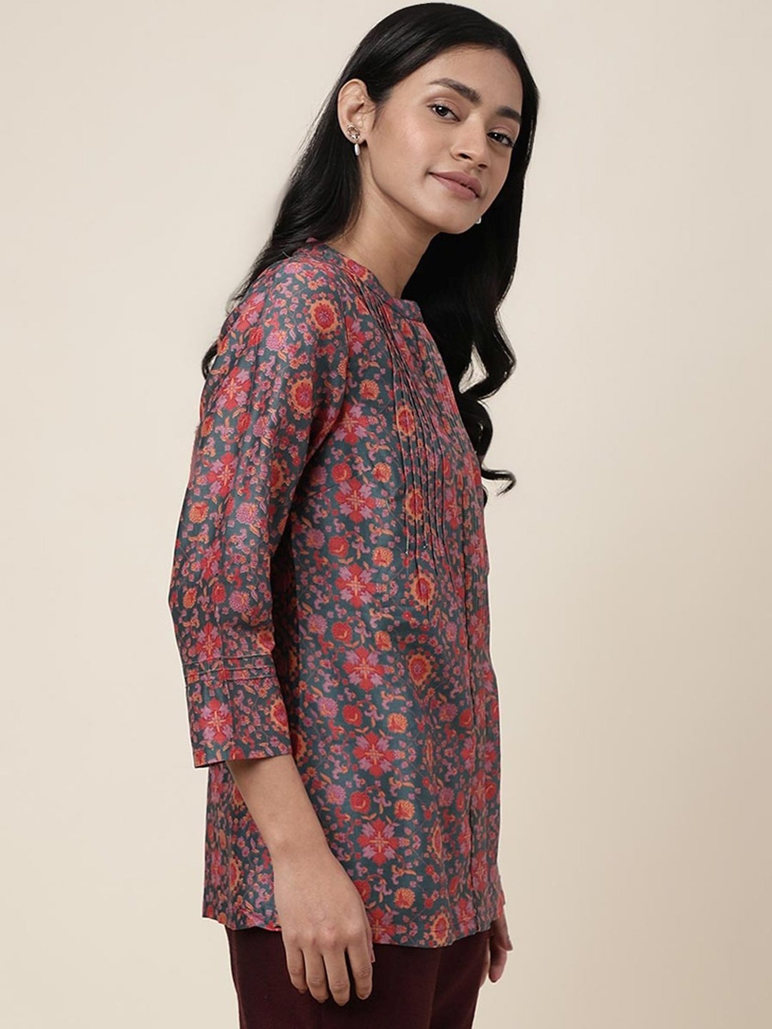 Fabindia Green & Pink Floral Print Tunic