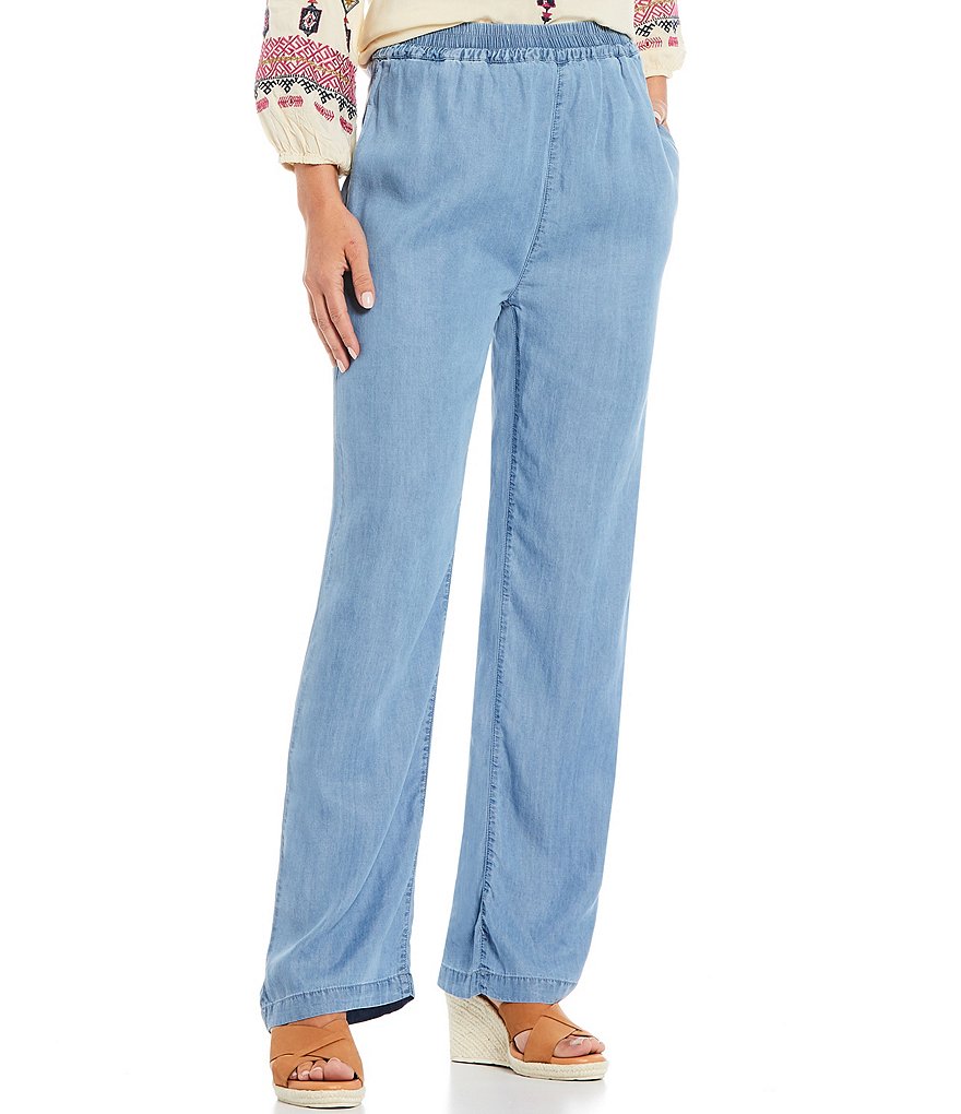 Reba Pull-On Wide Leg Chambray Pants
