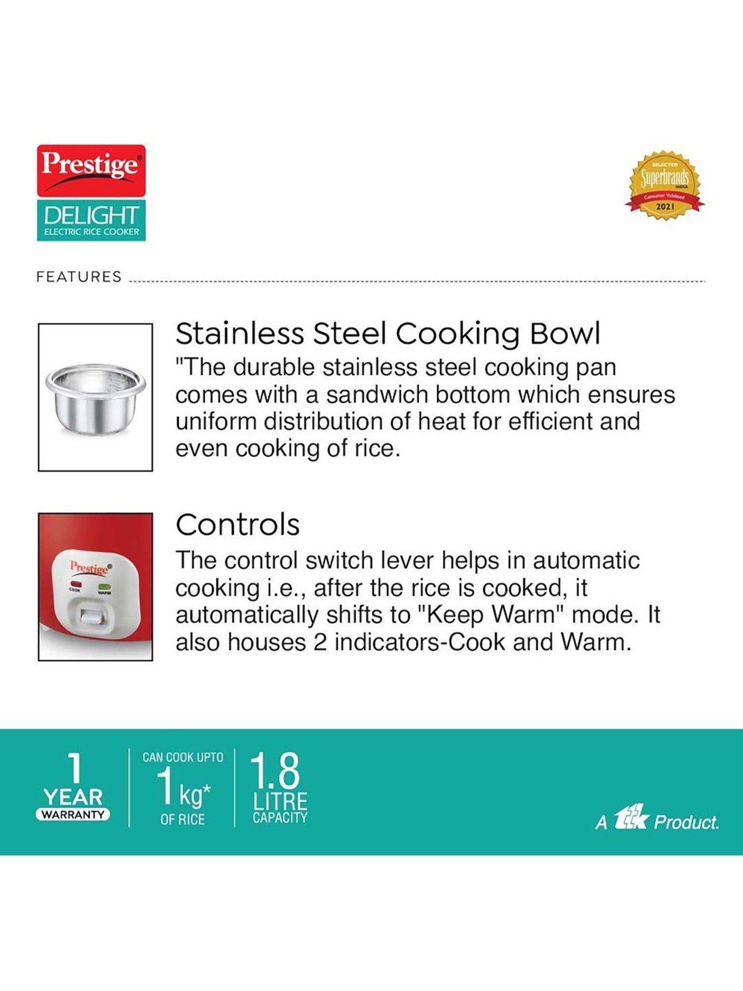Pigeon Rice Cooker 700W, 1.8L with Single pot & Measuring Cup (Red)