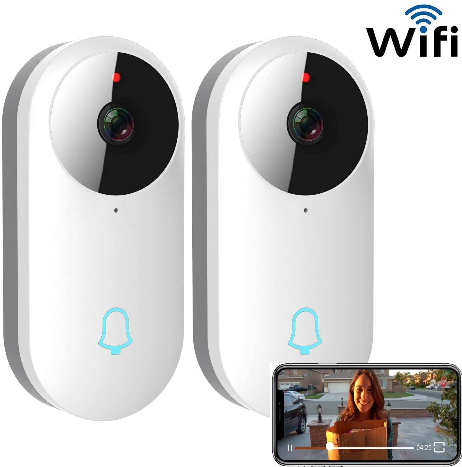 Outdoor HD960P Wireless WiFi Doorbell Camera Smartphone CCTV Security Surveillance 2 Way Audio Night Vision Motion Detect Lifetime Cloud Storage Service with No Monthly Fee 2 Pack