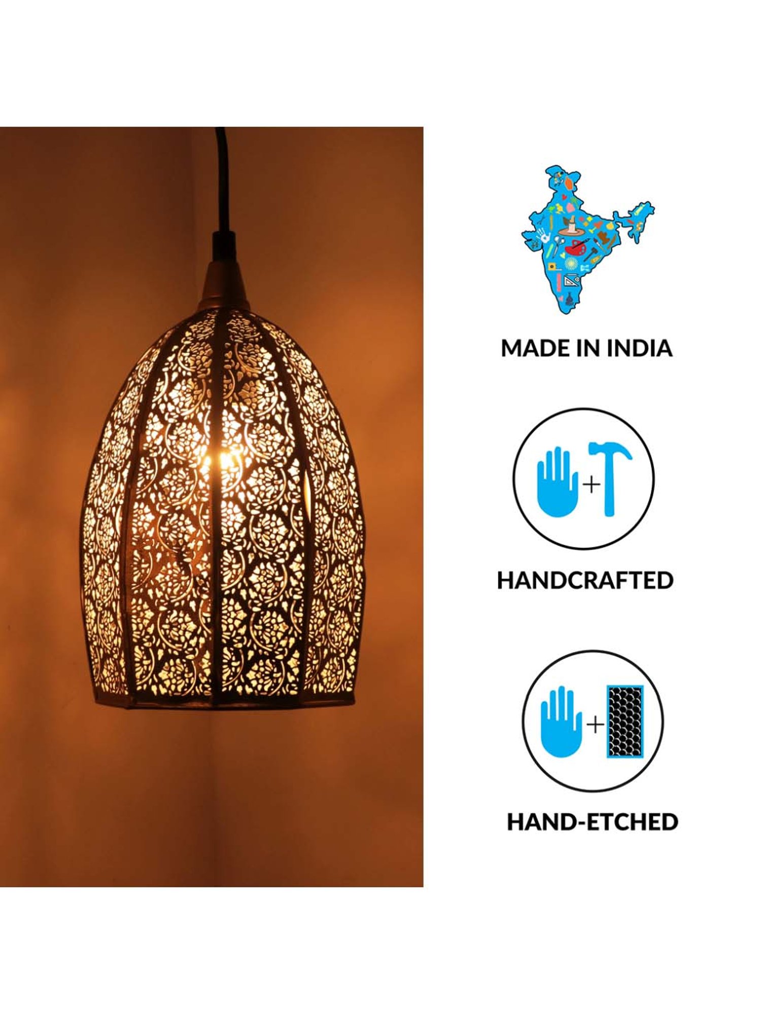 ExclusiveLane 'Moroccan Elegance' Matte Gold Iron Hand-Etched Pendant Lamp - Set of 1