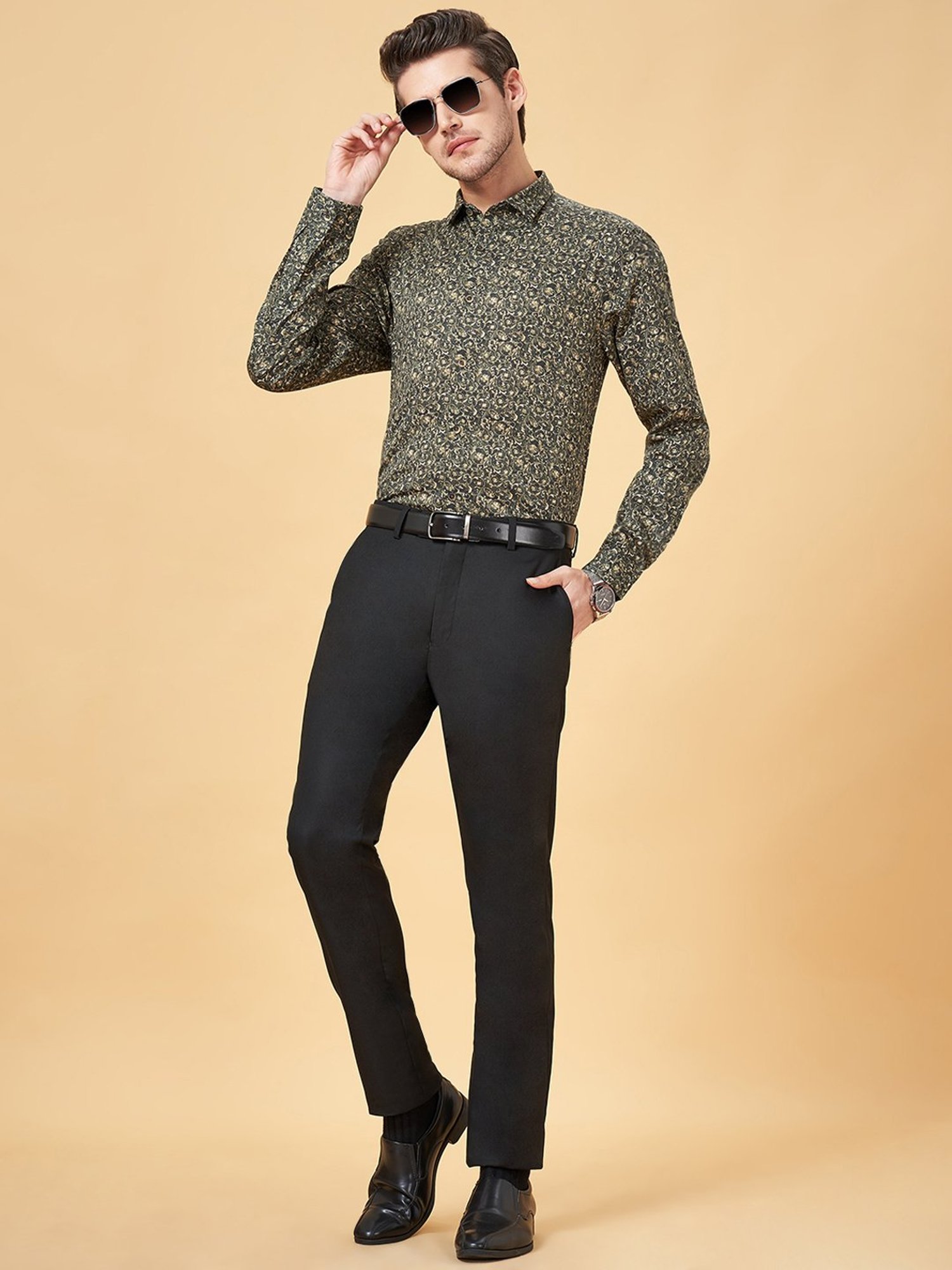Peregrine by Pantaloons Jet Black Slim Fit Printed Shirt